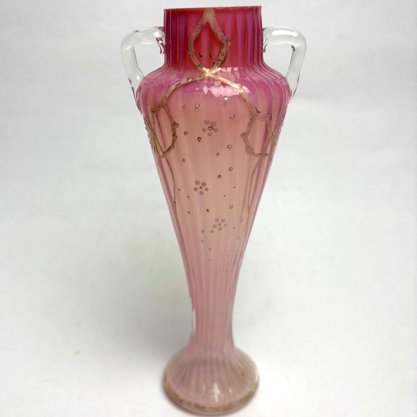 Antique Victorian Hand Blown Pink Glass Vase with Coralene Texture