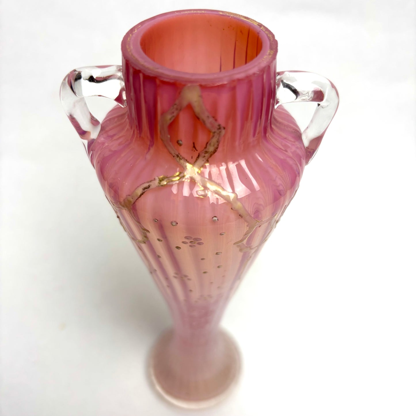 Antique Victorian Hand Blown Pink Glass Vase with Coralene Texture