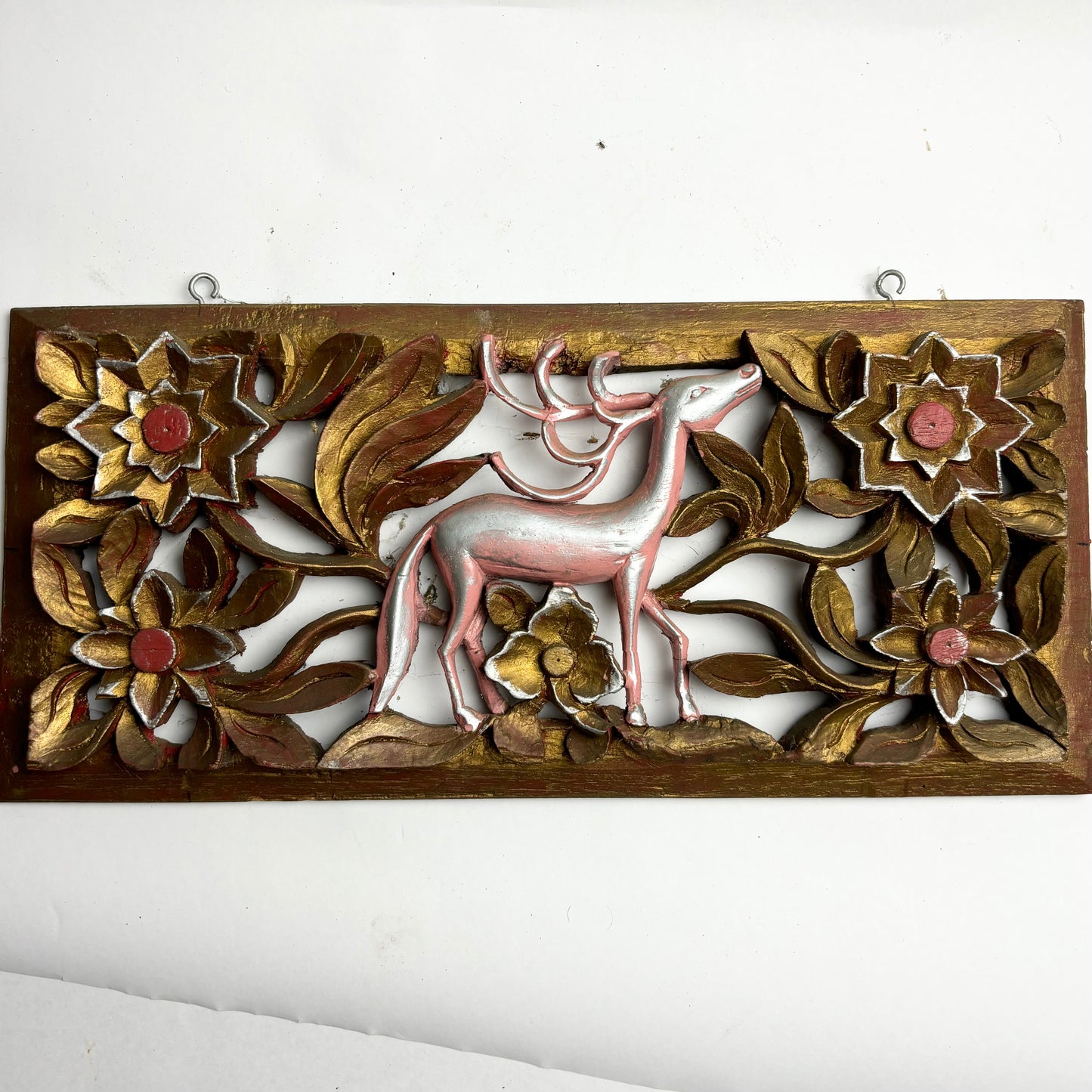 Pair of vintage hand carved and gilt timber wall deer