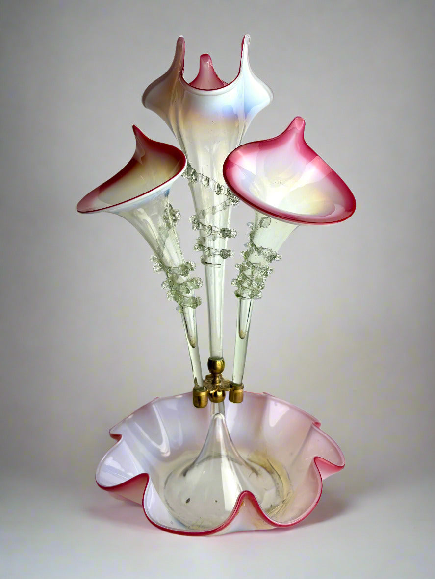 Victorian Glass Epergne – Cranberry & Opalescent, 47cm (As Is)