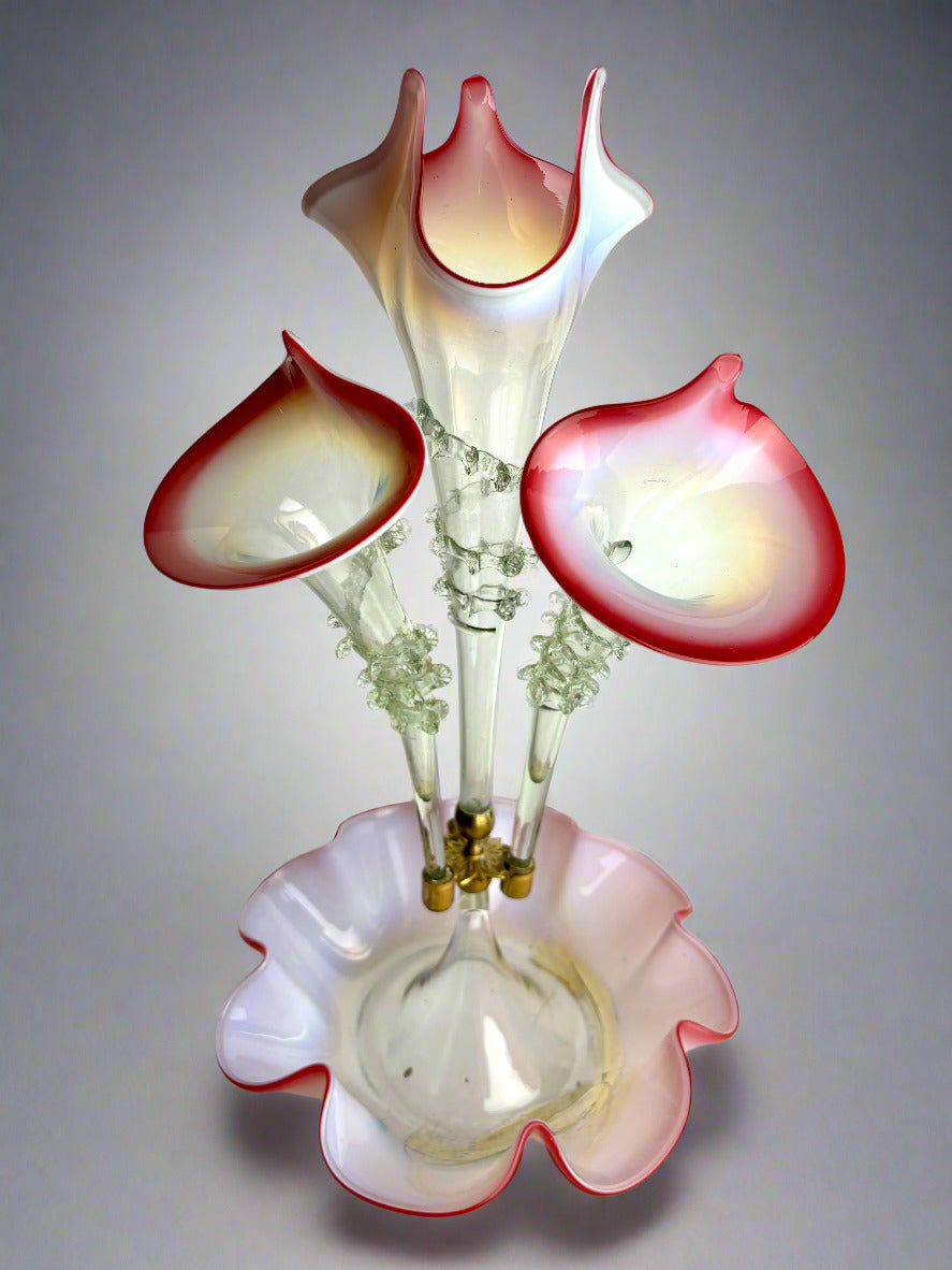 Victorian Glass Epergne – Cranberry & Opalescent, 47cm (As Is)