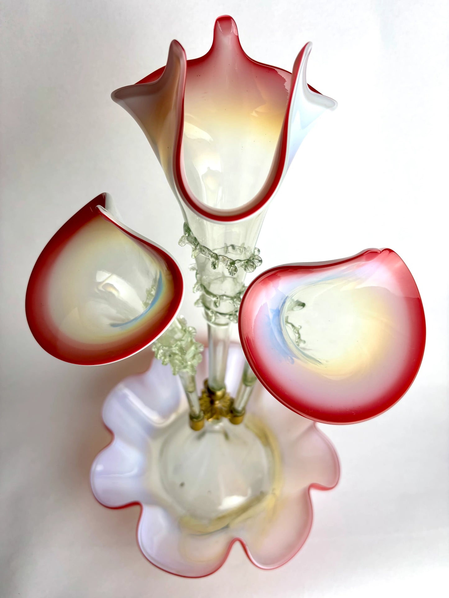 Victorian Glass Epergne – Cranberry & Opalescent, 47cm (As Is)