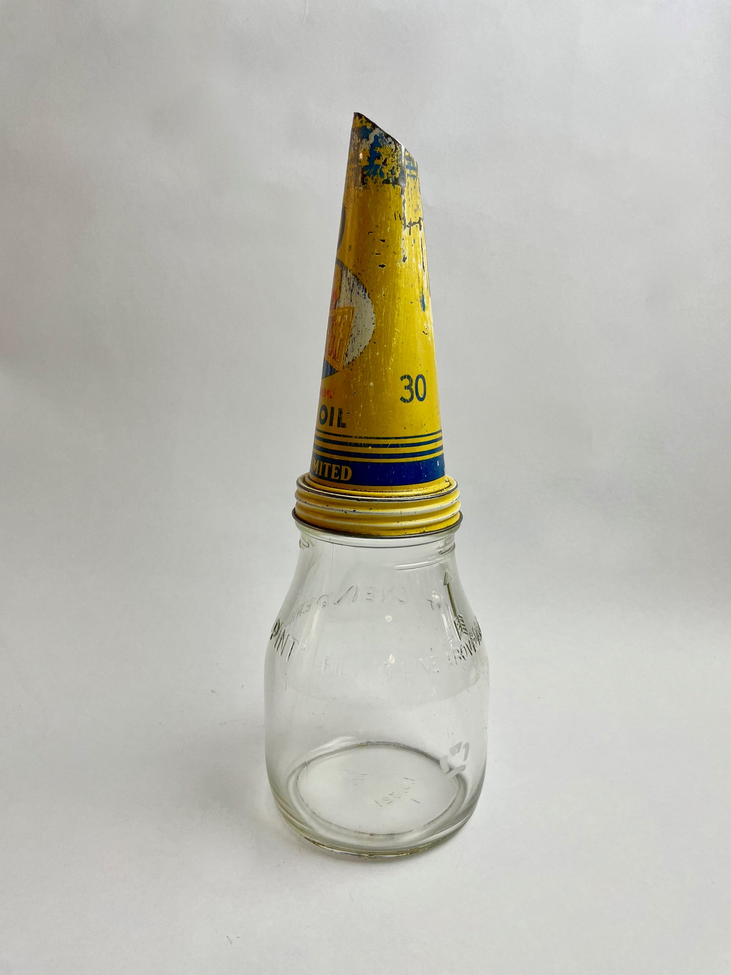 Golden Fleece tin oil bottle pourer with one imperial pint bottle