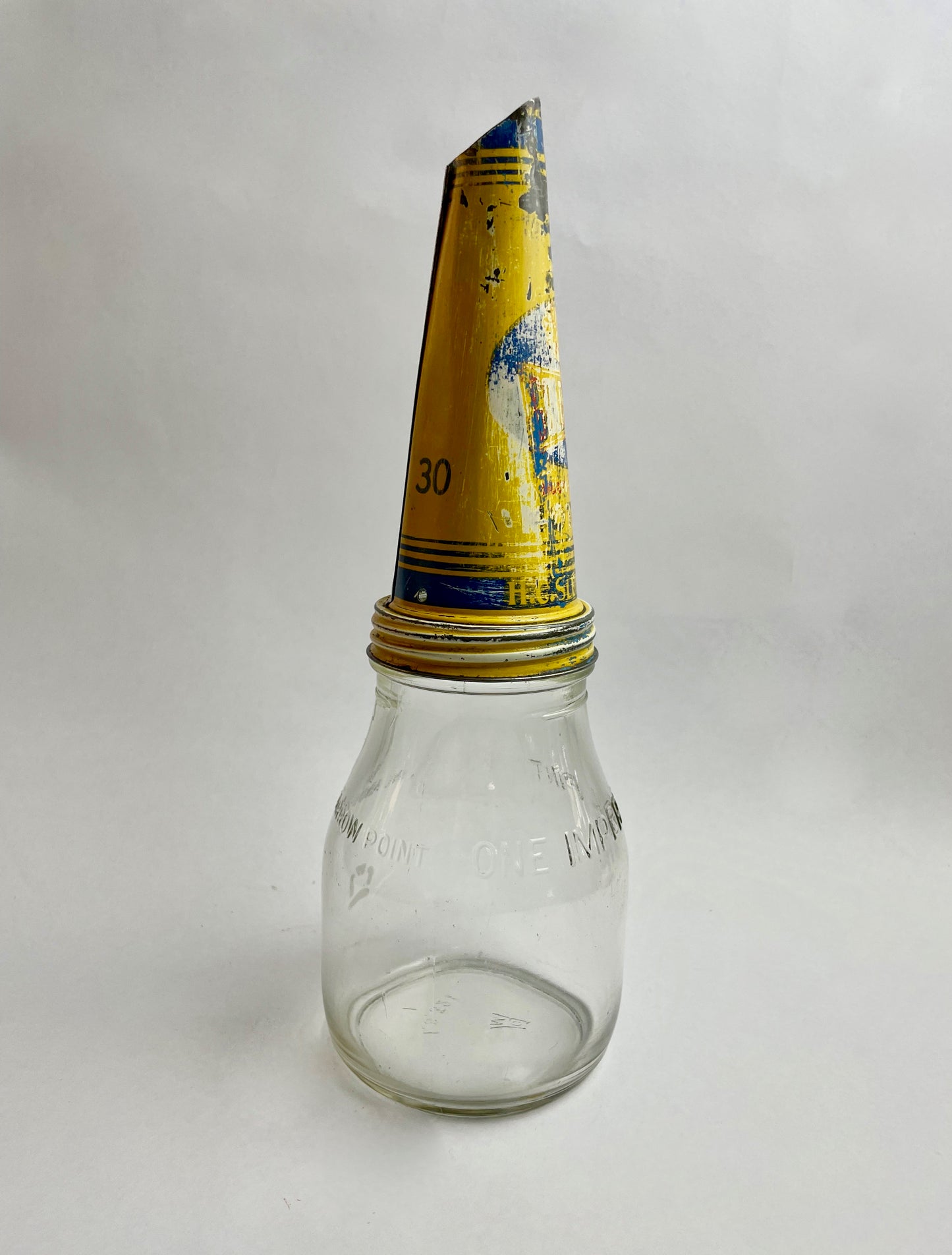 Golden Fleece tin oil bottle pourer with one imperial pint bottle