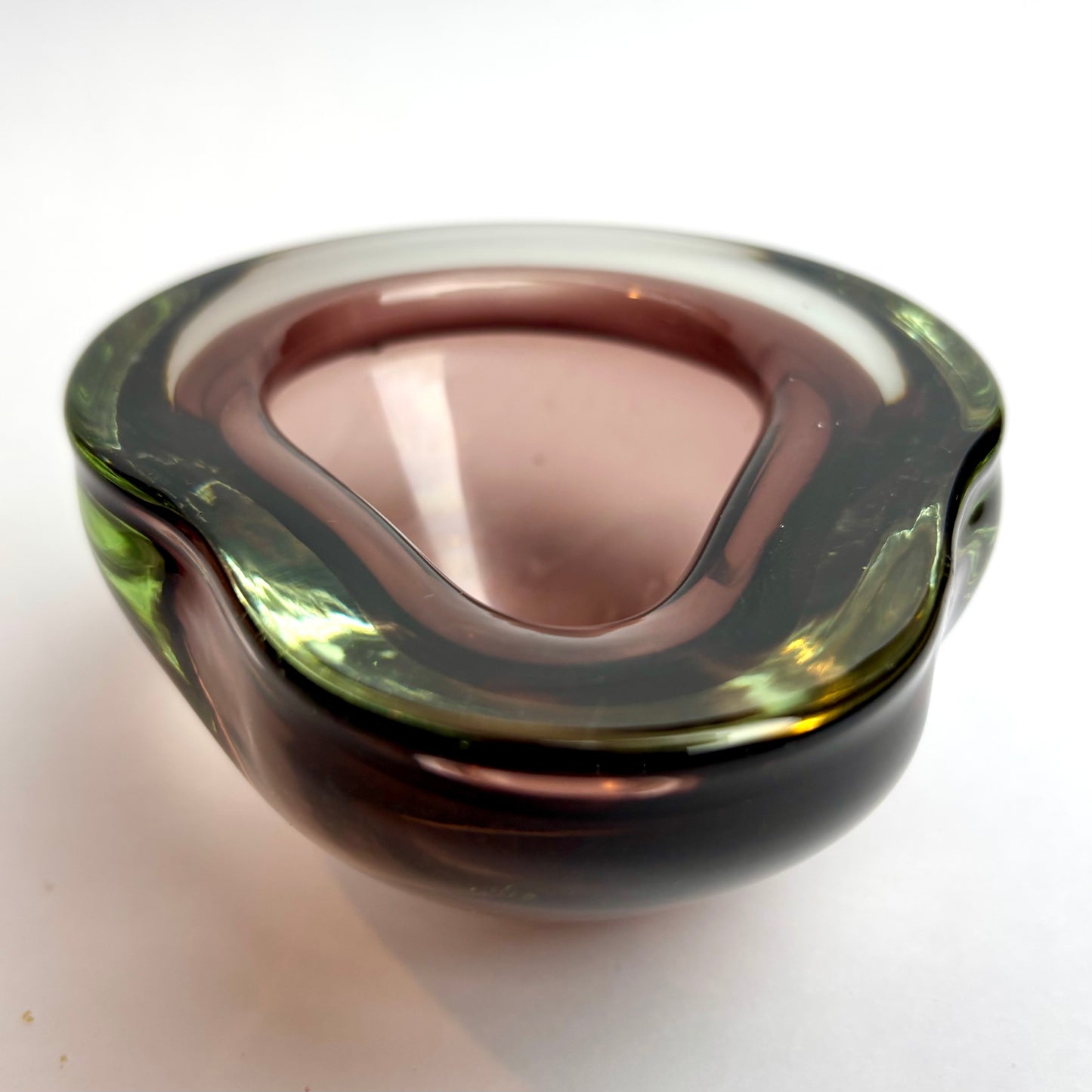 Mid-Century Art Glass Bowl — Smoked Green & Plum Cased Glass
