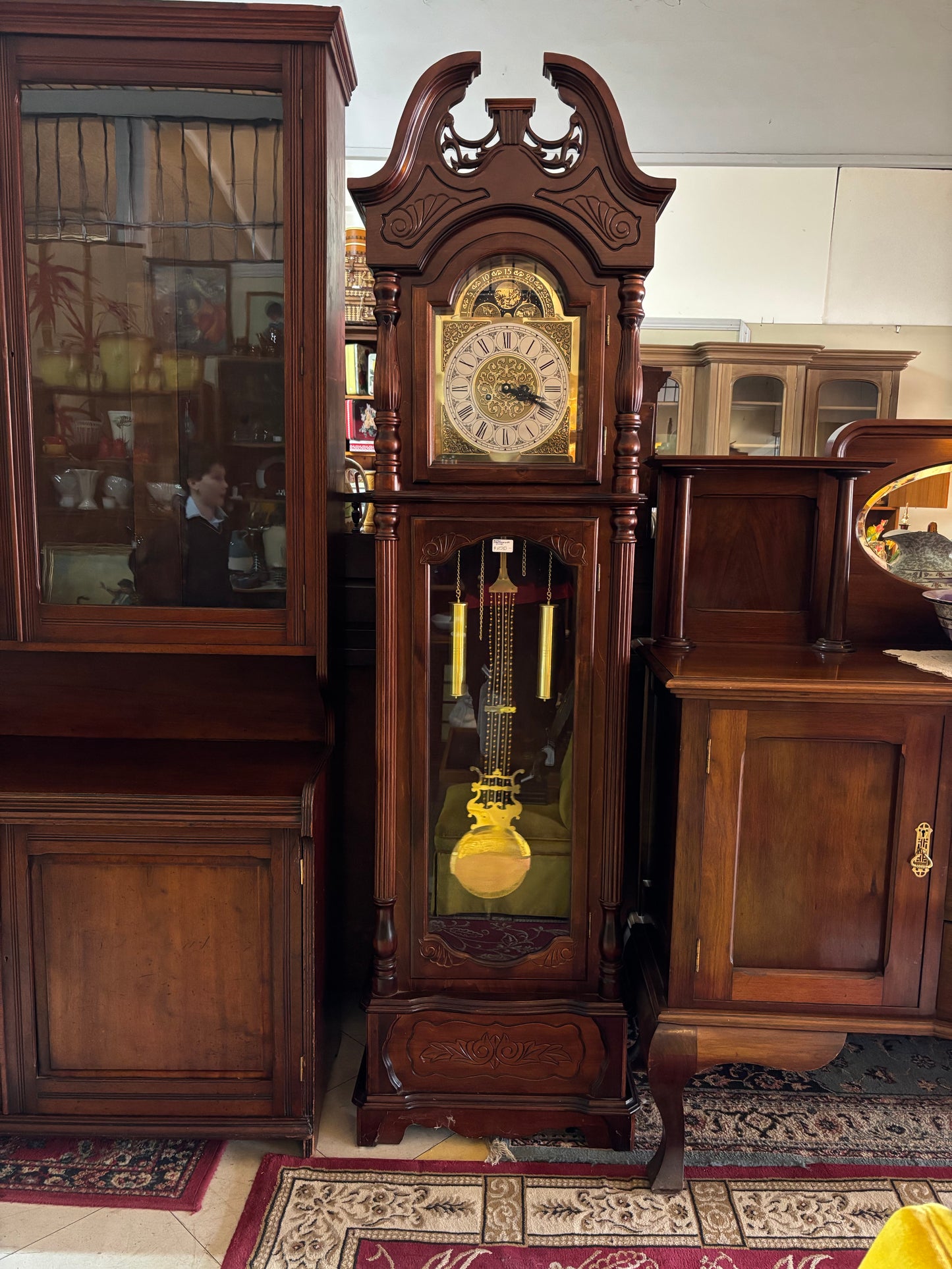Traditional Reproduction Grandfather Clock – Ornate Mahogany Finish