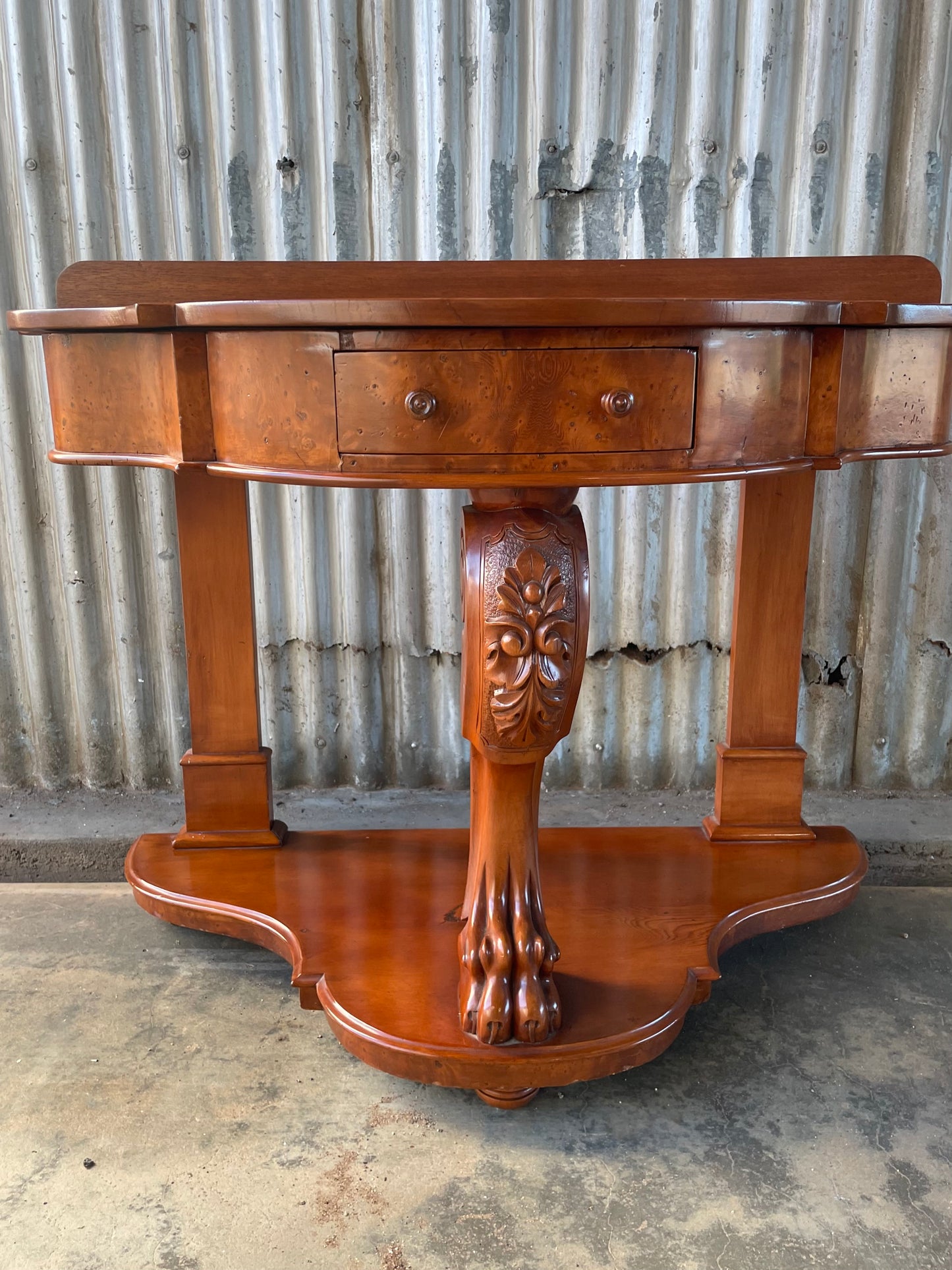 Victorian cedar and birds eye maple lions paw bow fronted hall table