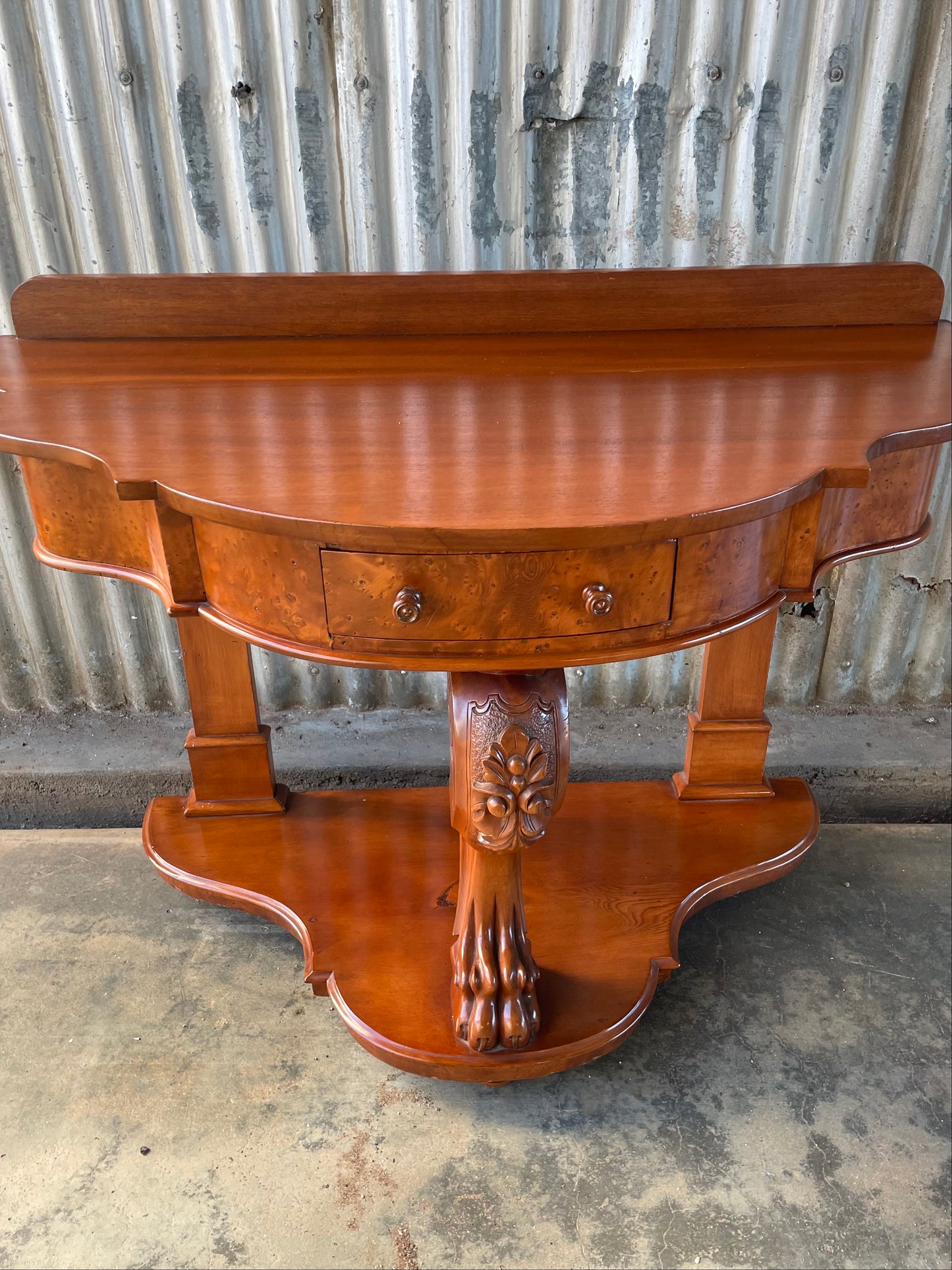 Victorian cedar and birds eye maple lions paw bow fronted hall table