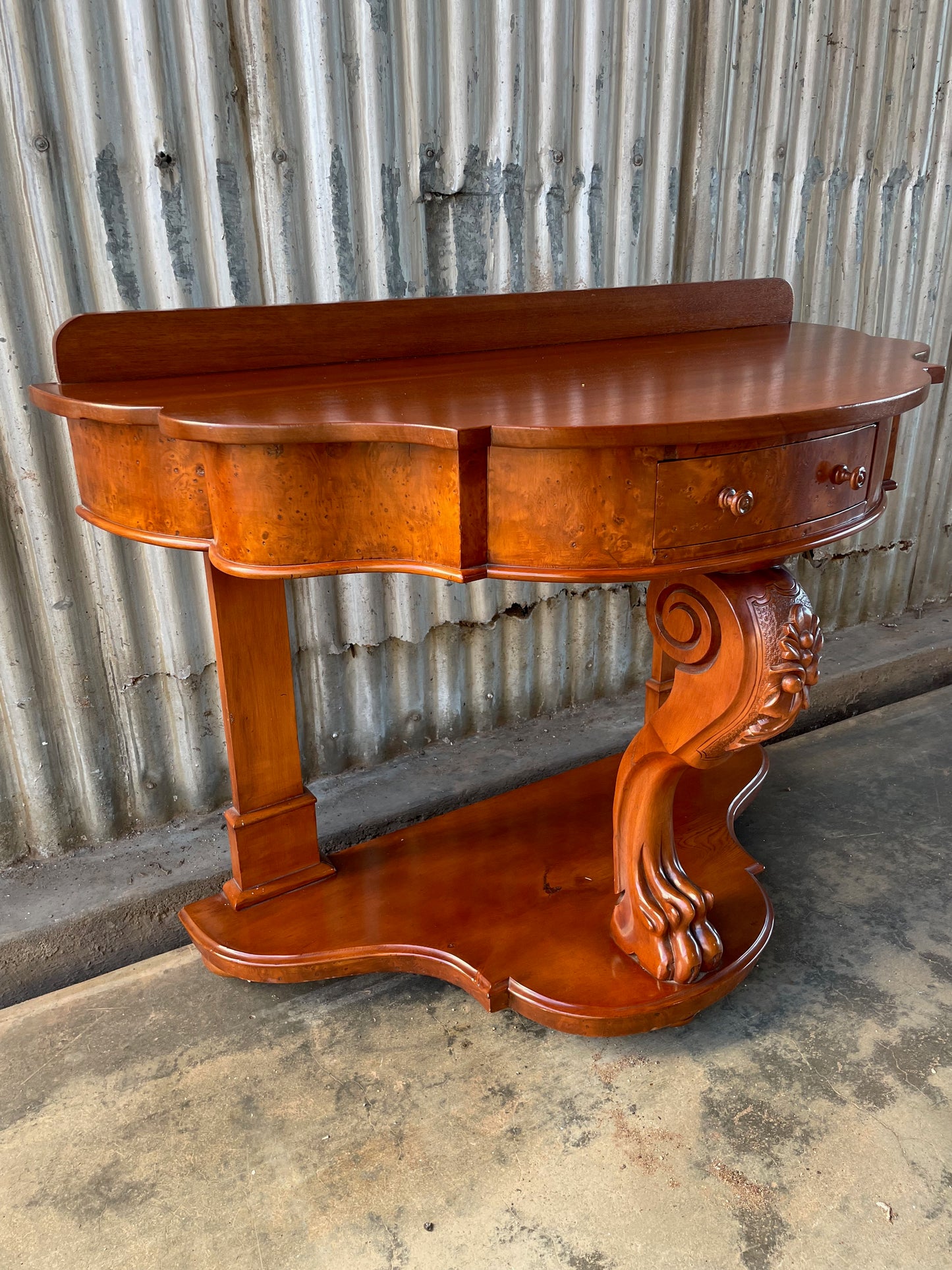 Victorian cedar and birds eye maple lions paw bow fronted hall table