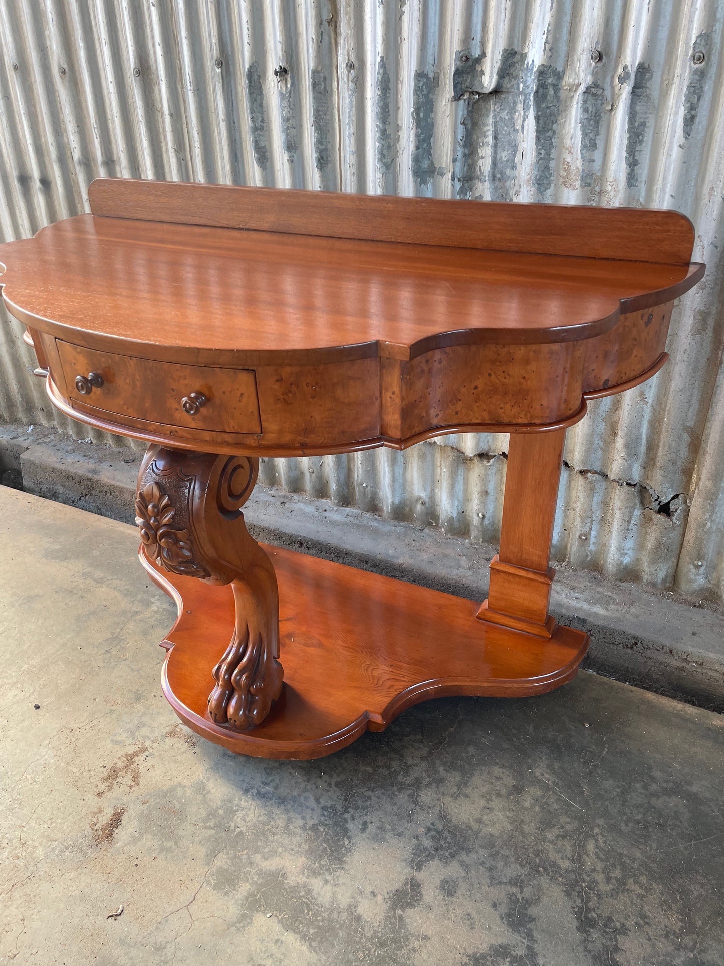 Victorian cedar and birds eye maple lions paw bow fronted hall table