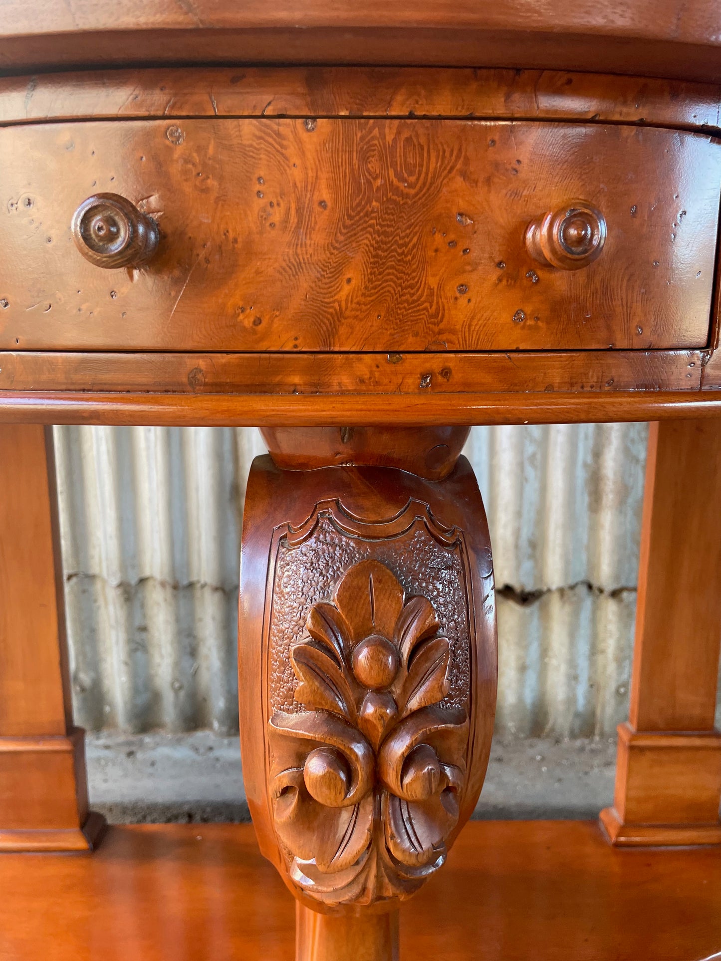 Victorian cedar and birds eye maple lions paw bow fronted hall table