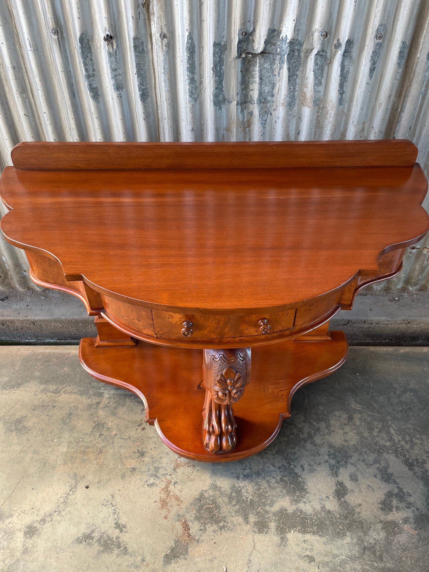 Victorian cedar and birds eye maple lions paw bow fronted hall table