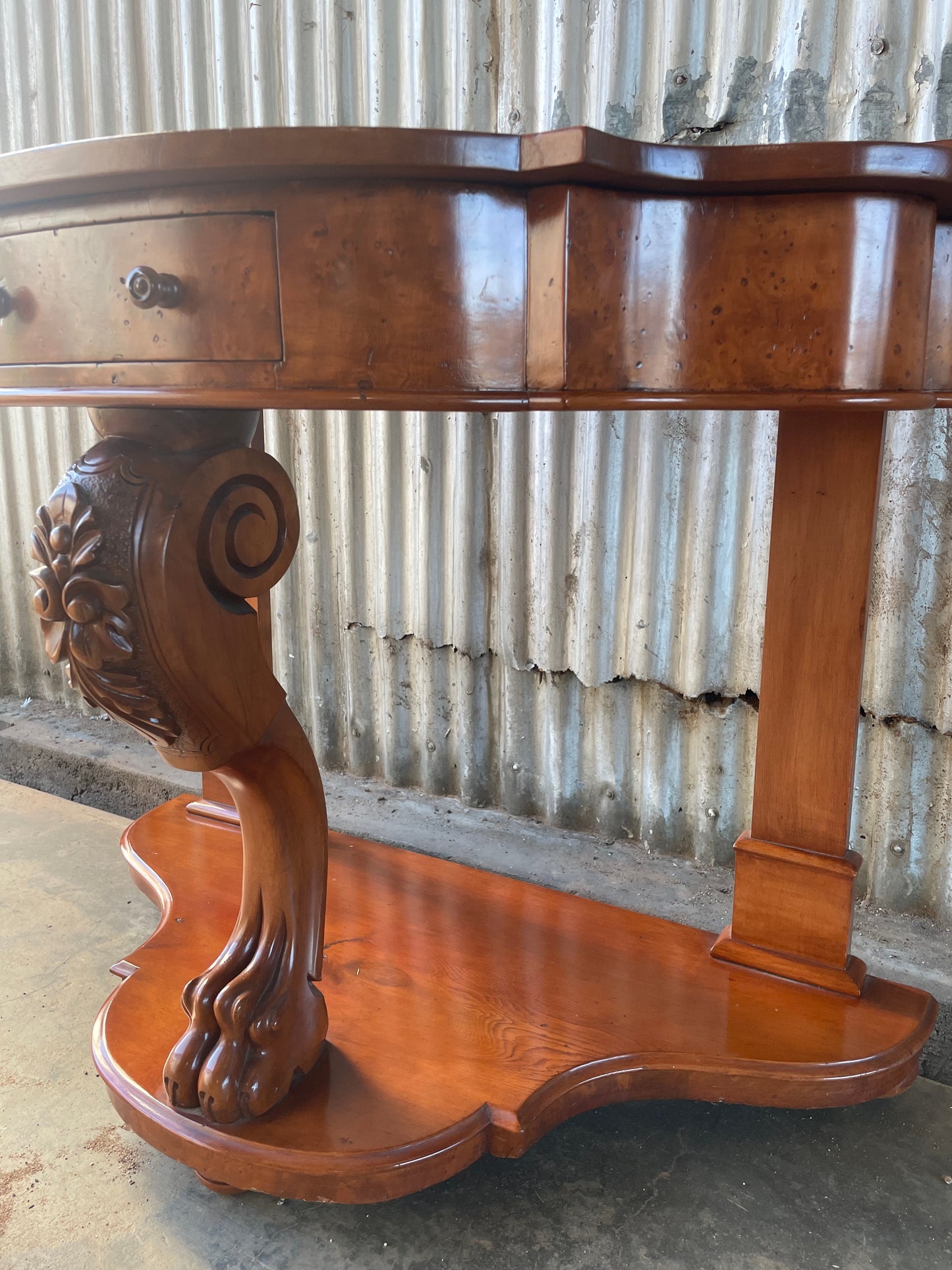 Victorian cedar and birds eye maple lions paw bow fronted hall table