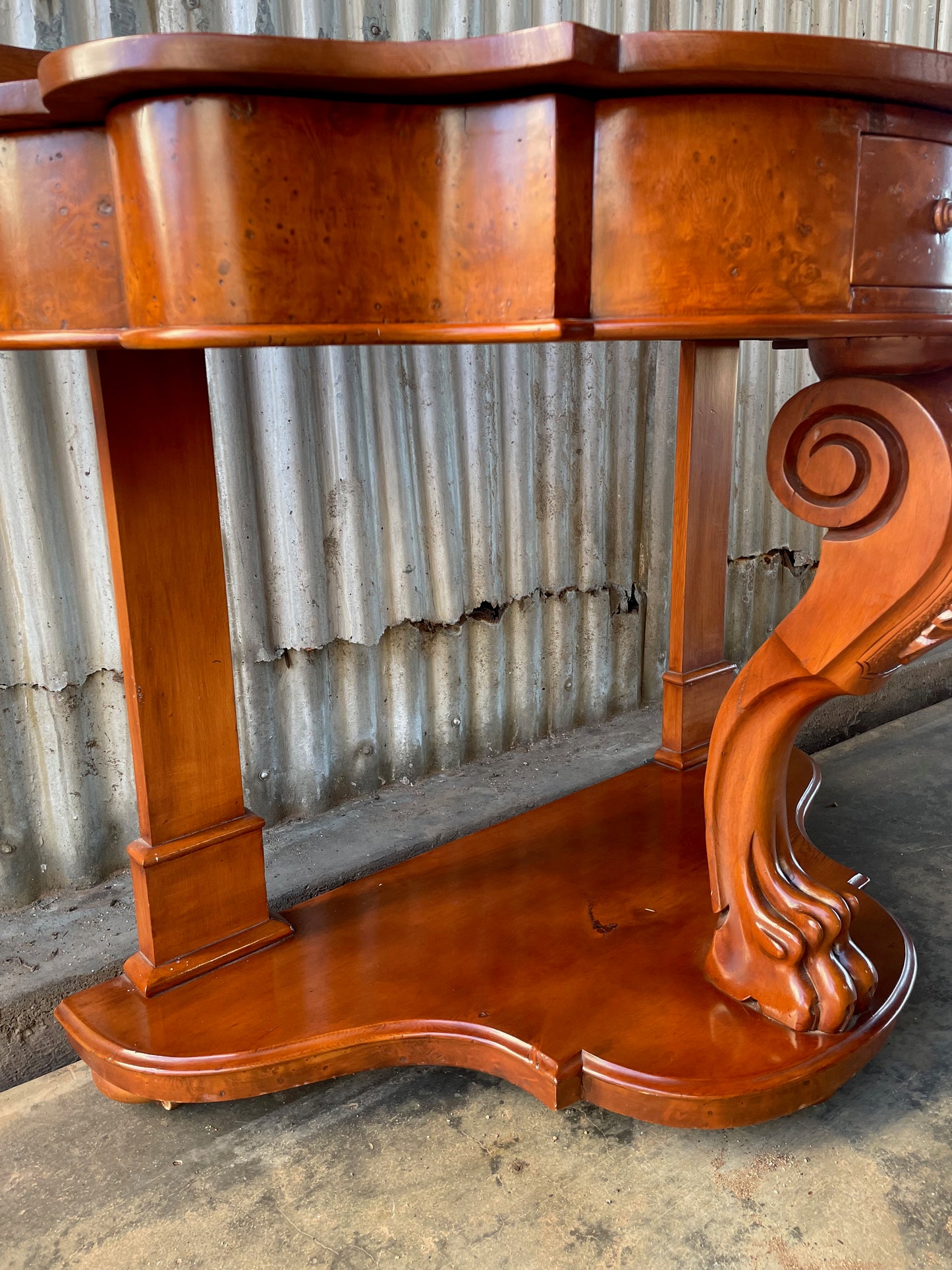Victorian cedar and birds eye maple lions paw bow fronted hall table