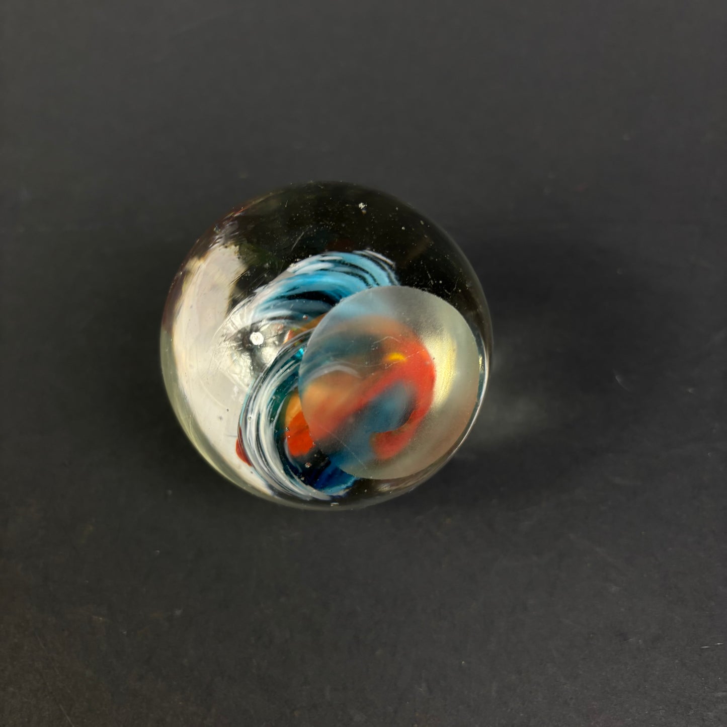 Vintage Studio Art Glass Paperweight – Abstract Blue, White & Orange Swirl