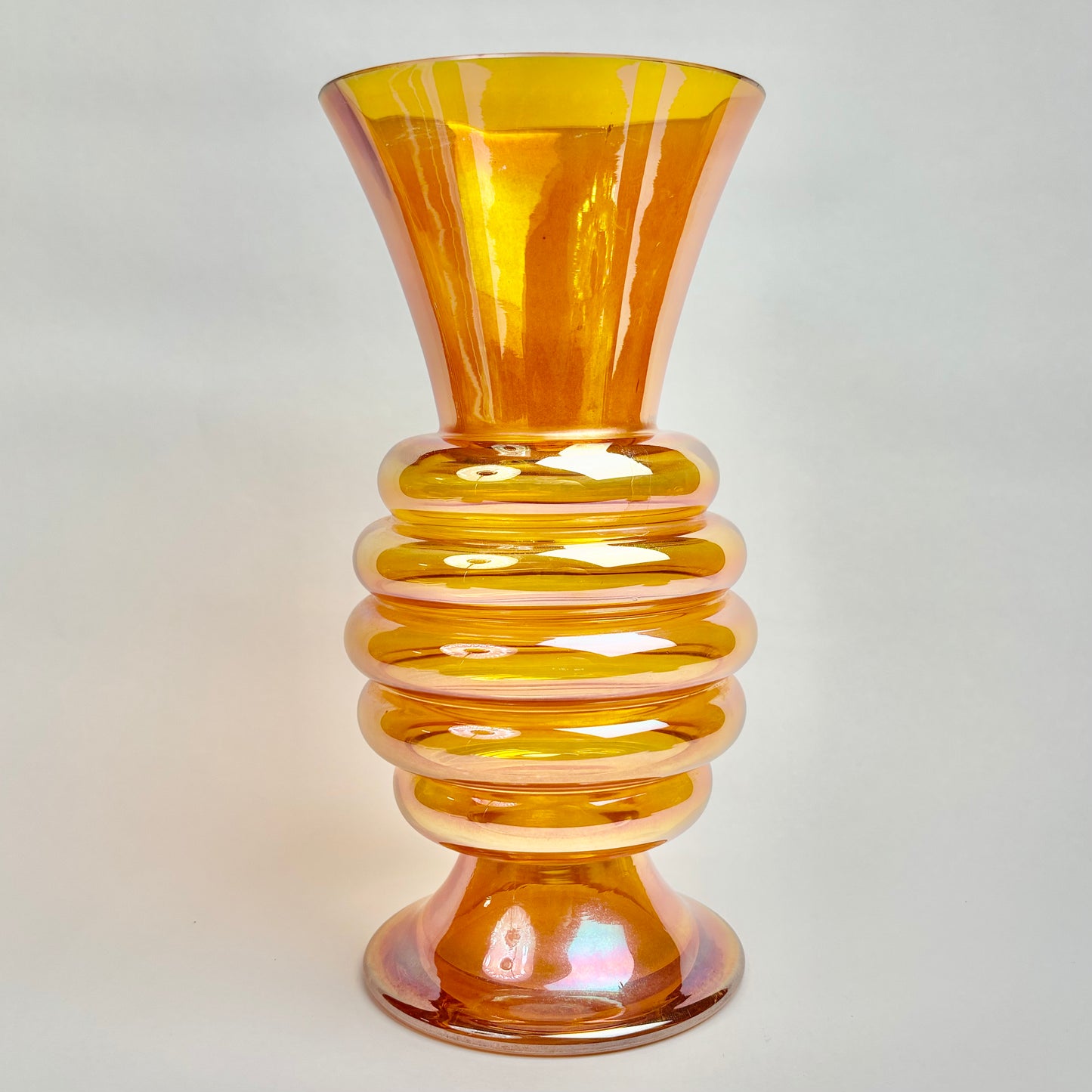 Crown Crystal Glass (Australia) ‘Melon Rib’ 9.5” Vase, in Marigold