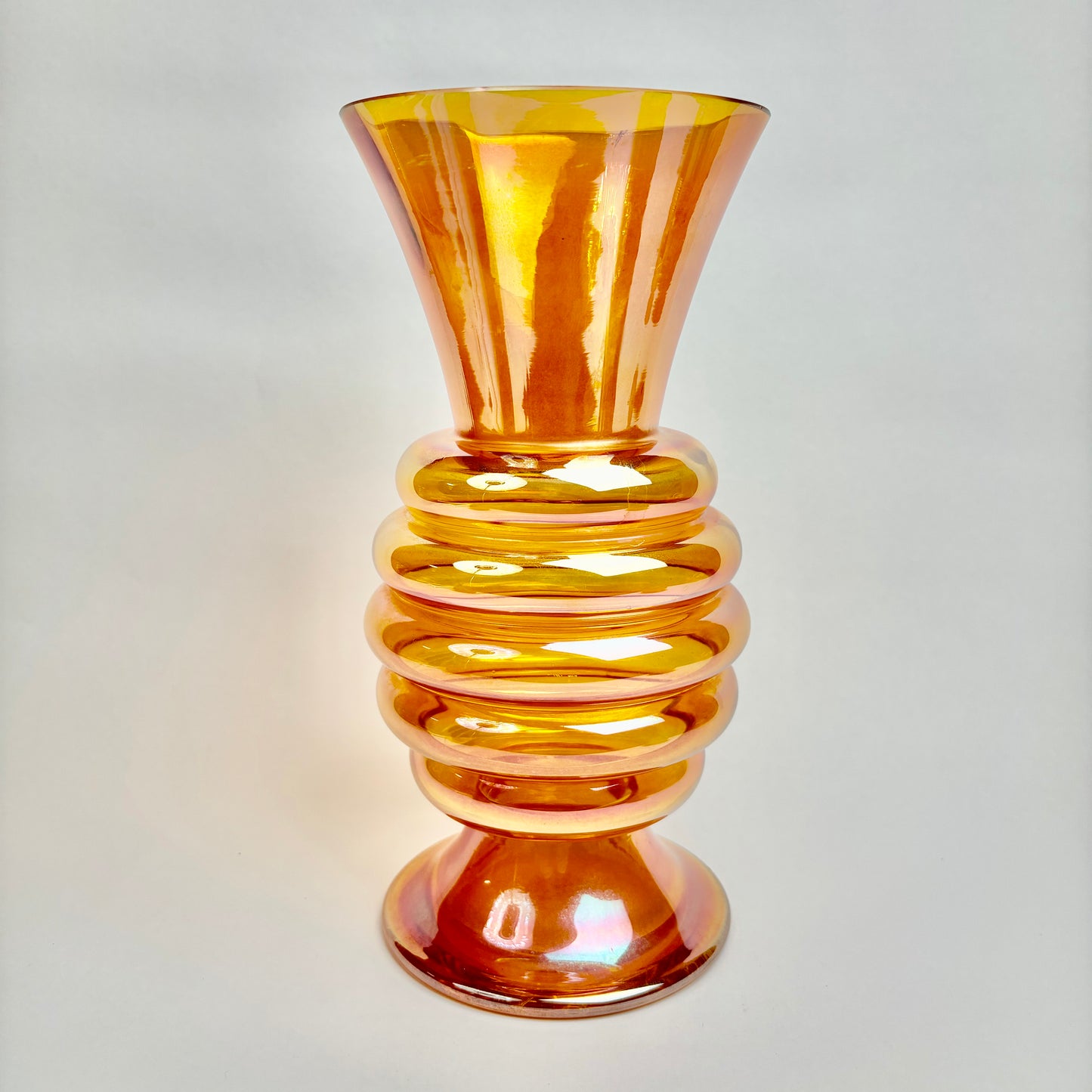 Crown Crystal Glass (Australia) ‘Melon Rib’ 9.5” Vase, in Marigold