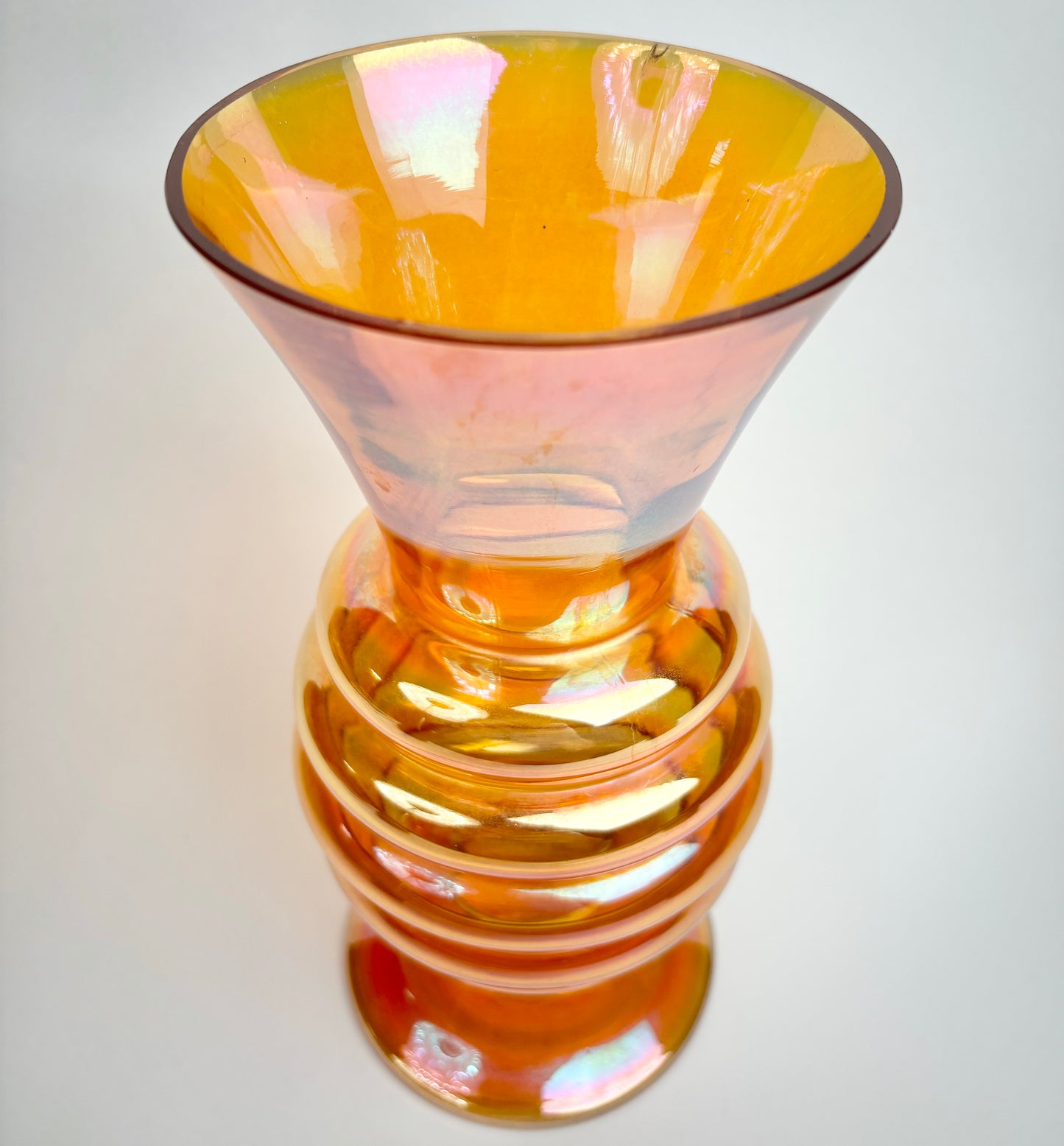 Crown Crystal Glass (Australia) ‘Melon Rib’ 9.5” Vase, in Marigold