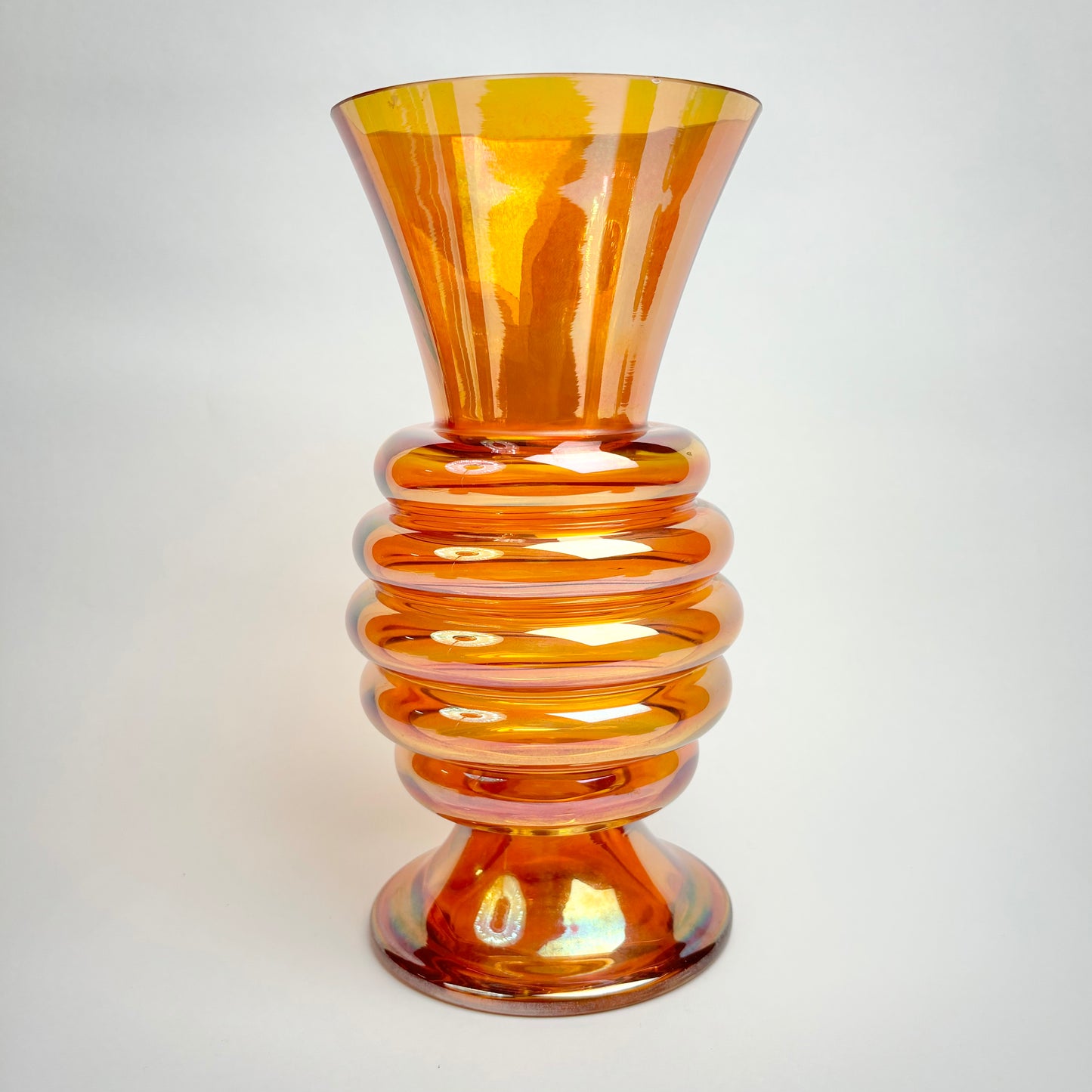 Crown Crystal Glass (Australia) ‘Melon Rib’ 9.5” Vase, in Marigold