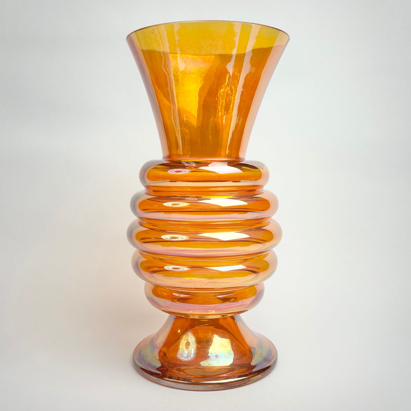 Crown Crystal Glass (Australia) ‘Melon Rib’ 9.5” Vase, in Marigold