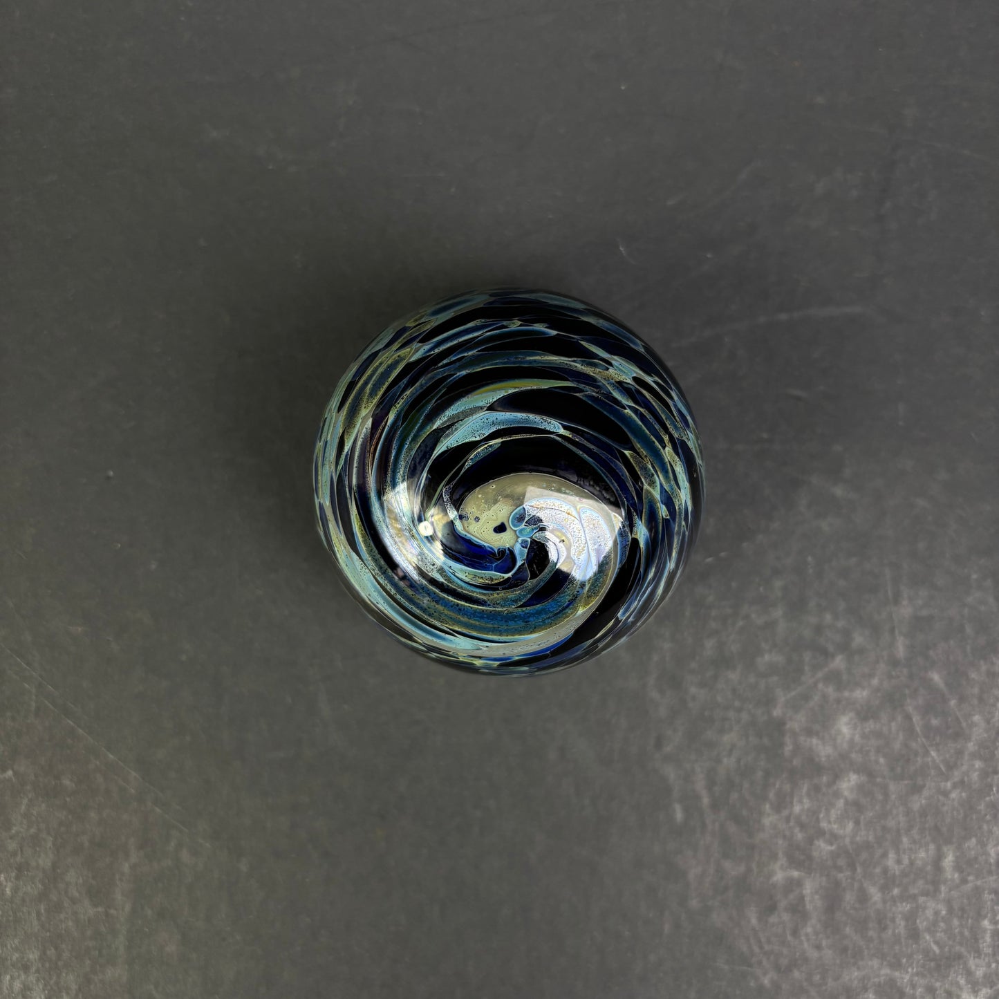 Signed Studio Art Glass Paperweight – Cobalt Blue Iridescent Swirl Design