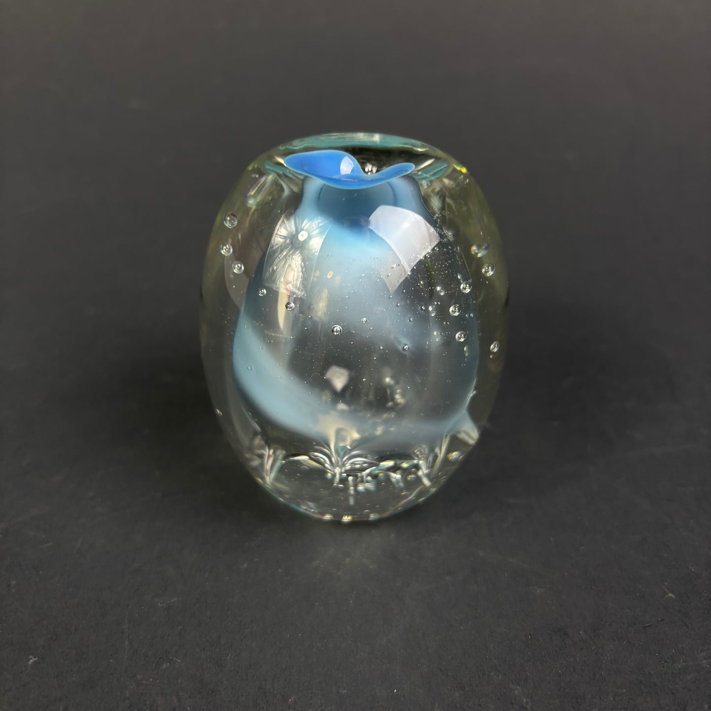 Signed Studio Art Glass Paperweight – Pale Blue Controlled Bubble Design