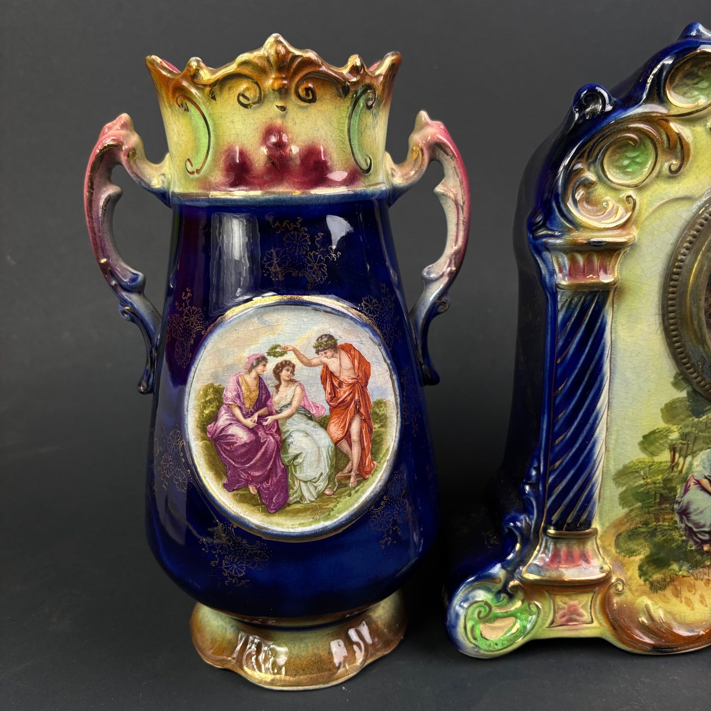 Antique Strasburg Ware Clock Garniture Set – Cobalt Blue Mantel Clock & Matching Vases