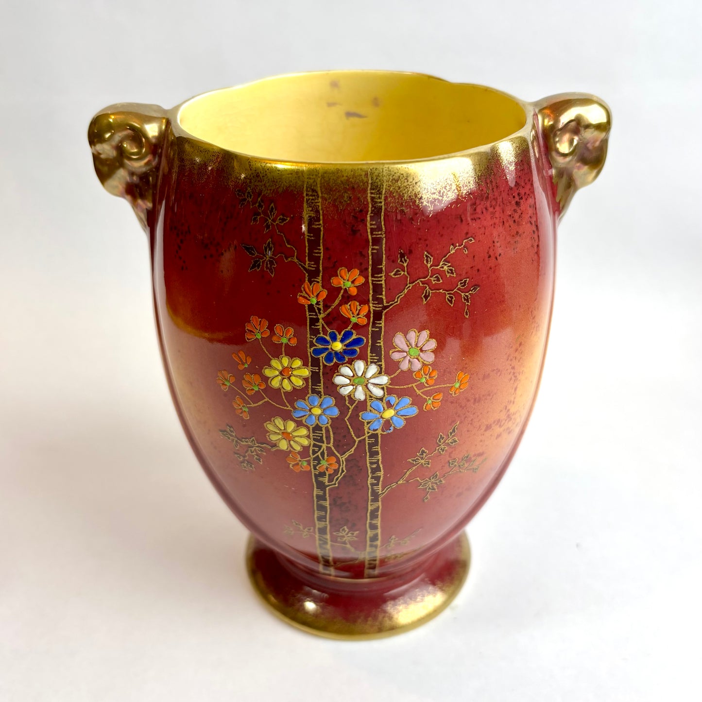 Crown Devon Fieldings Vase – Red & Gold with Enamelled Blossom (c. 1930s)