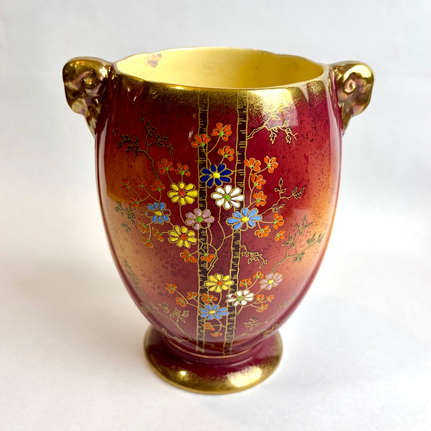 Crown Devon Fieldings Vase – Red & Gold with Enamelled Blossom (c. 1930s)