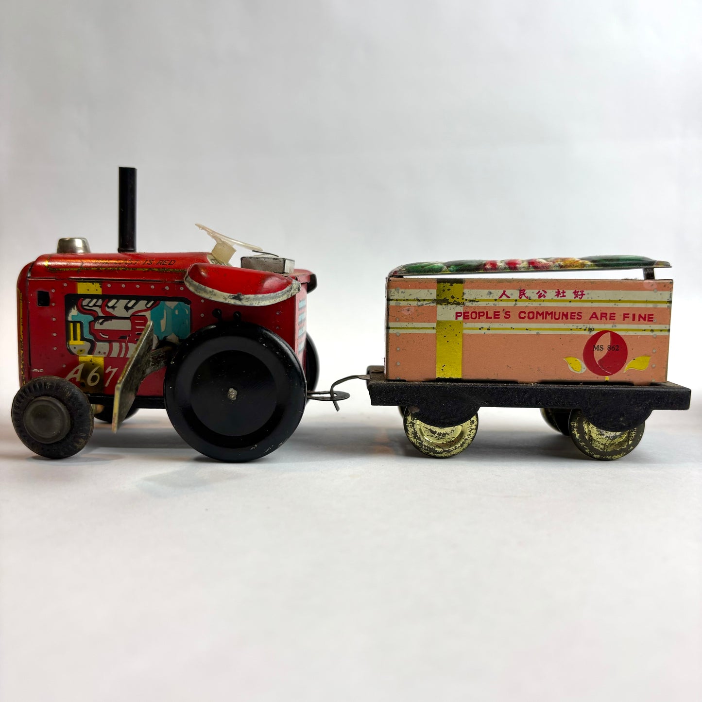 Vintage Chinese Tinplate Tractor with Trailer – “The East is Red” (c.1960s–70s)