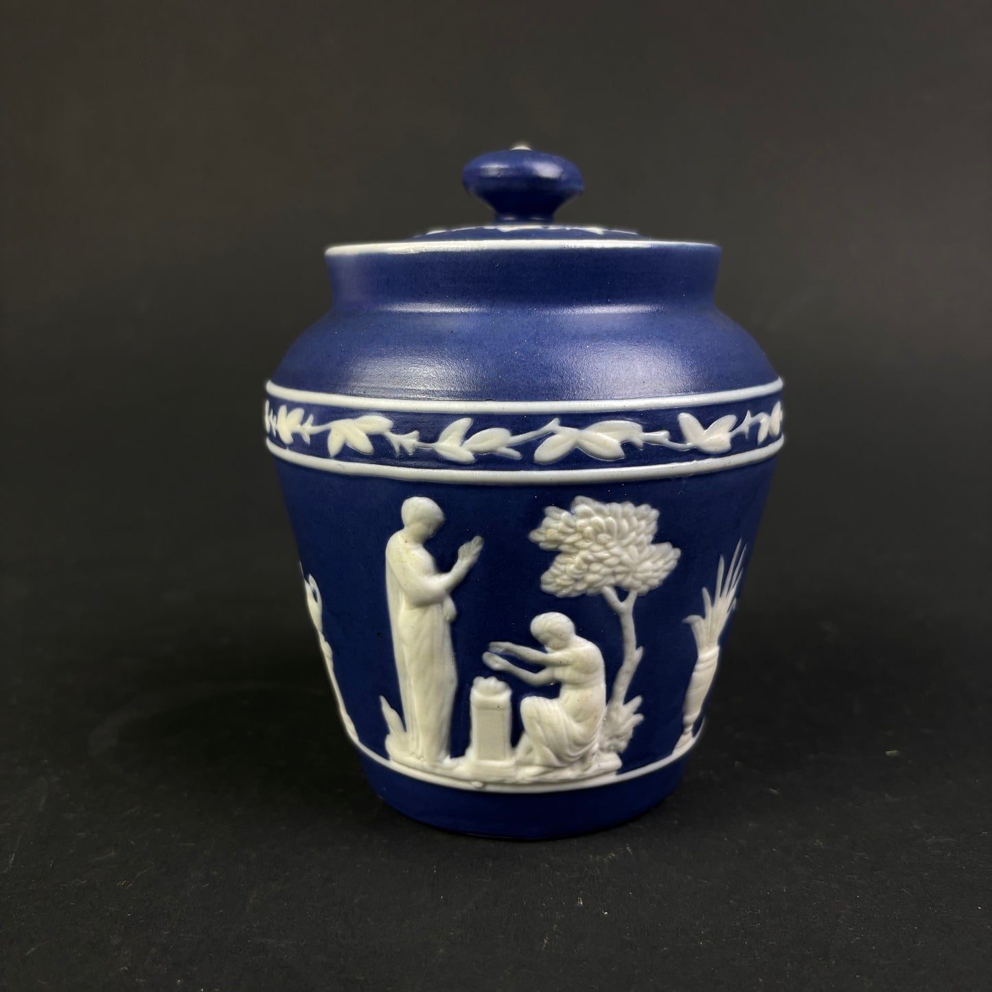 Wedgwood Blue Jasperware Lidded Trinket Jar – Classical Relief – England