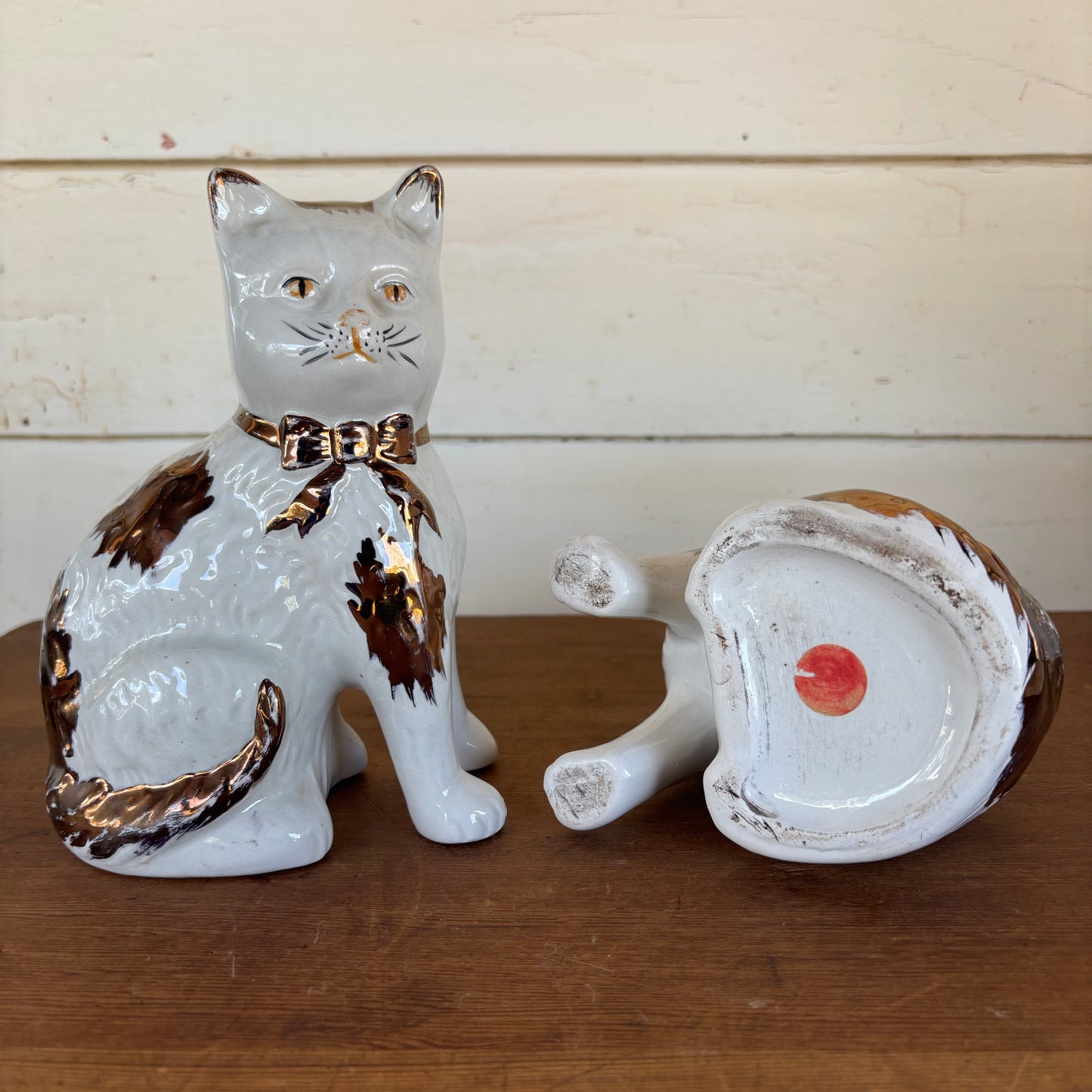 Vintage Staffordshire-Style Pottery Cats — Copper Lustre Pair
