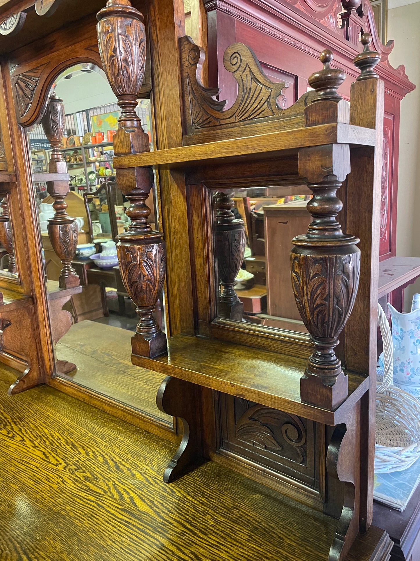 Victorian English Oak Mirror-back Bowfront Sideboard
