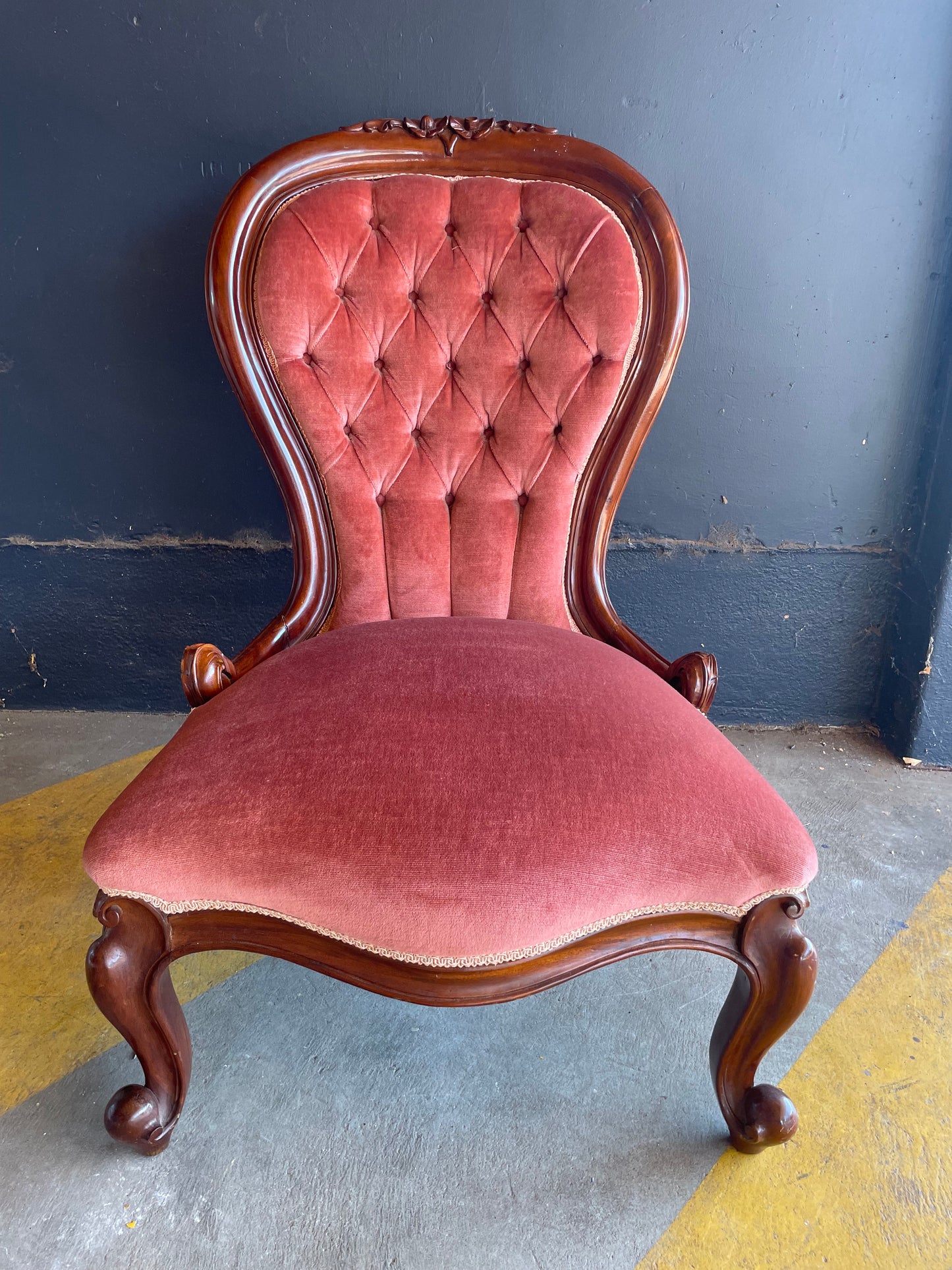 Victorian Mahogany Deep Button Back Pink velvet nursing chair