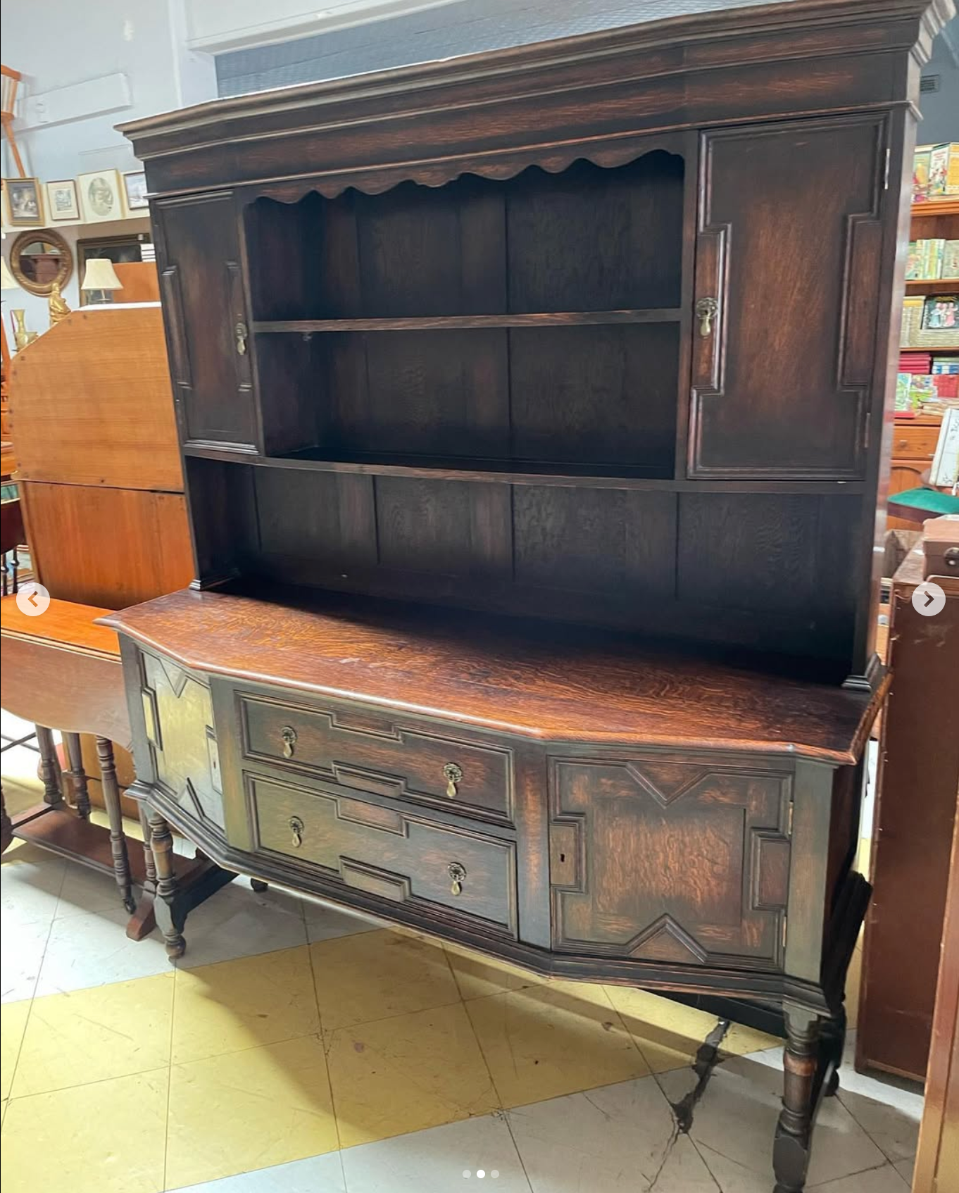 Vintage Dark Oak Dresser – Tudor Revival Hutch