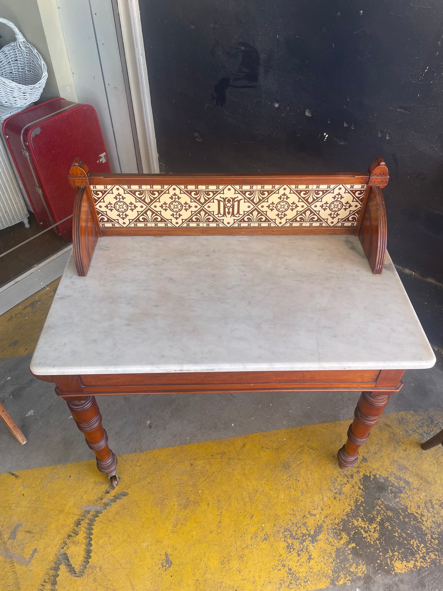 Victorian timber and marble washstand with castors