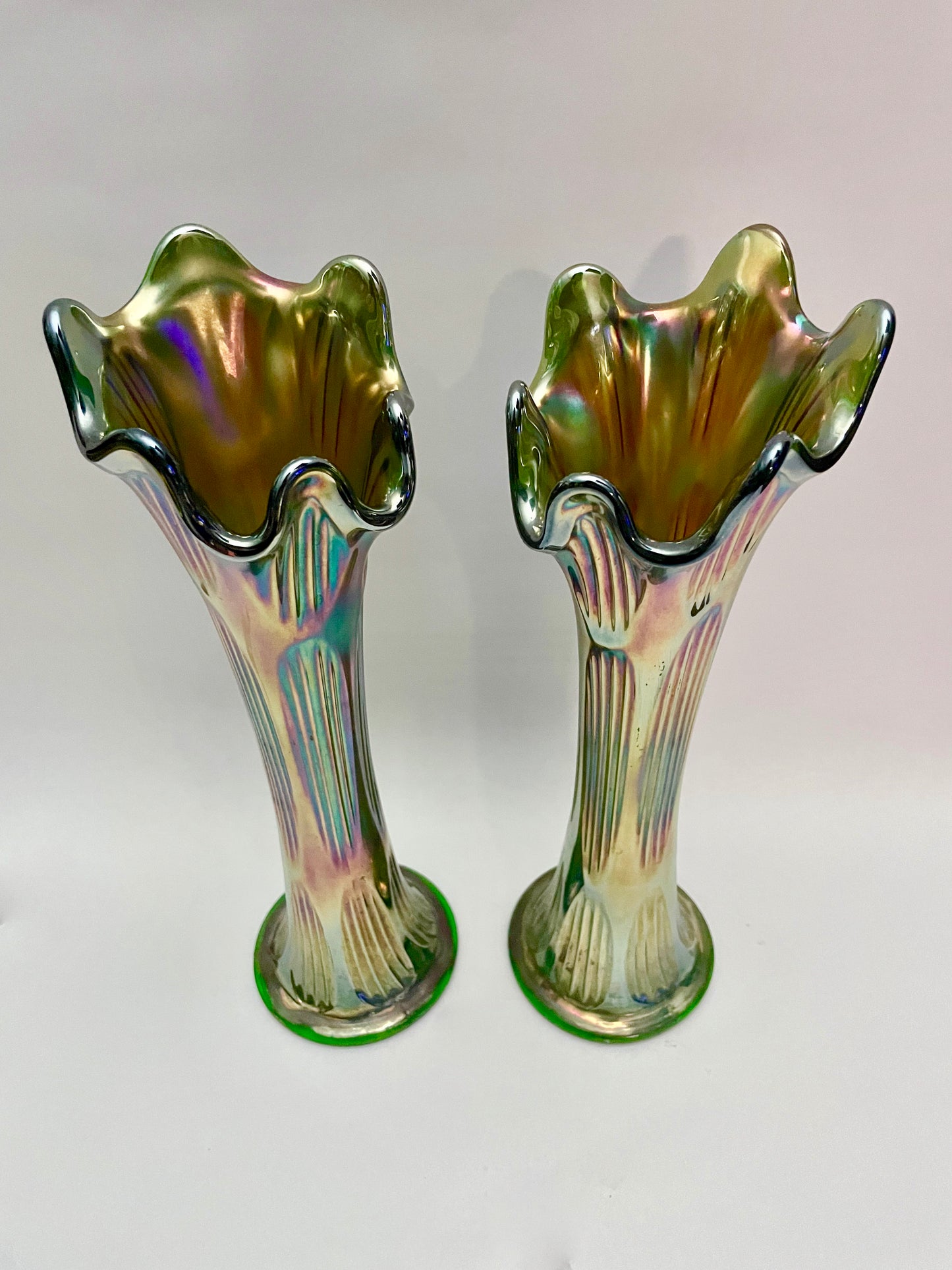 Pair of Green Carnival Glass Vases