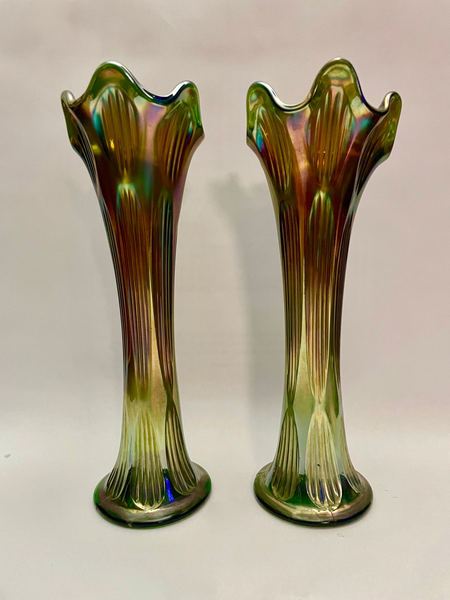 Pair of Green Carnival Glass Vases