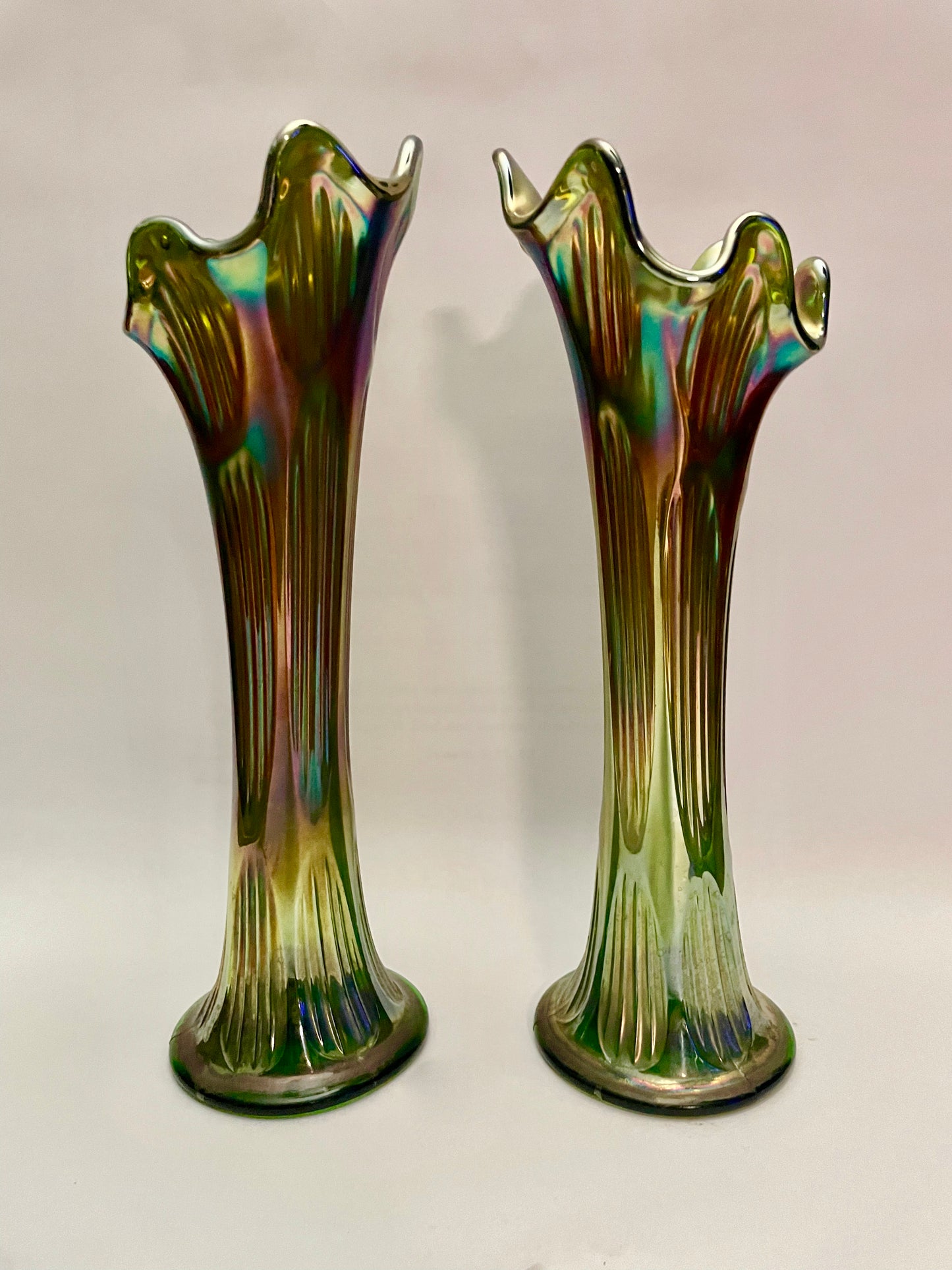 Pair of Green Carnival Glass Vases