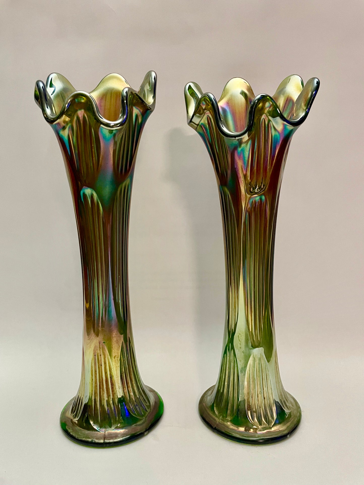 Pair of Green Carnival Glass Vases