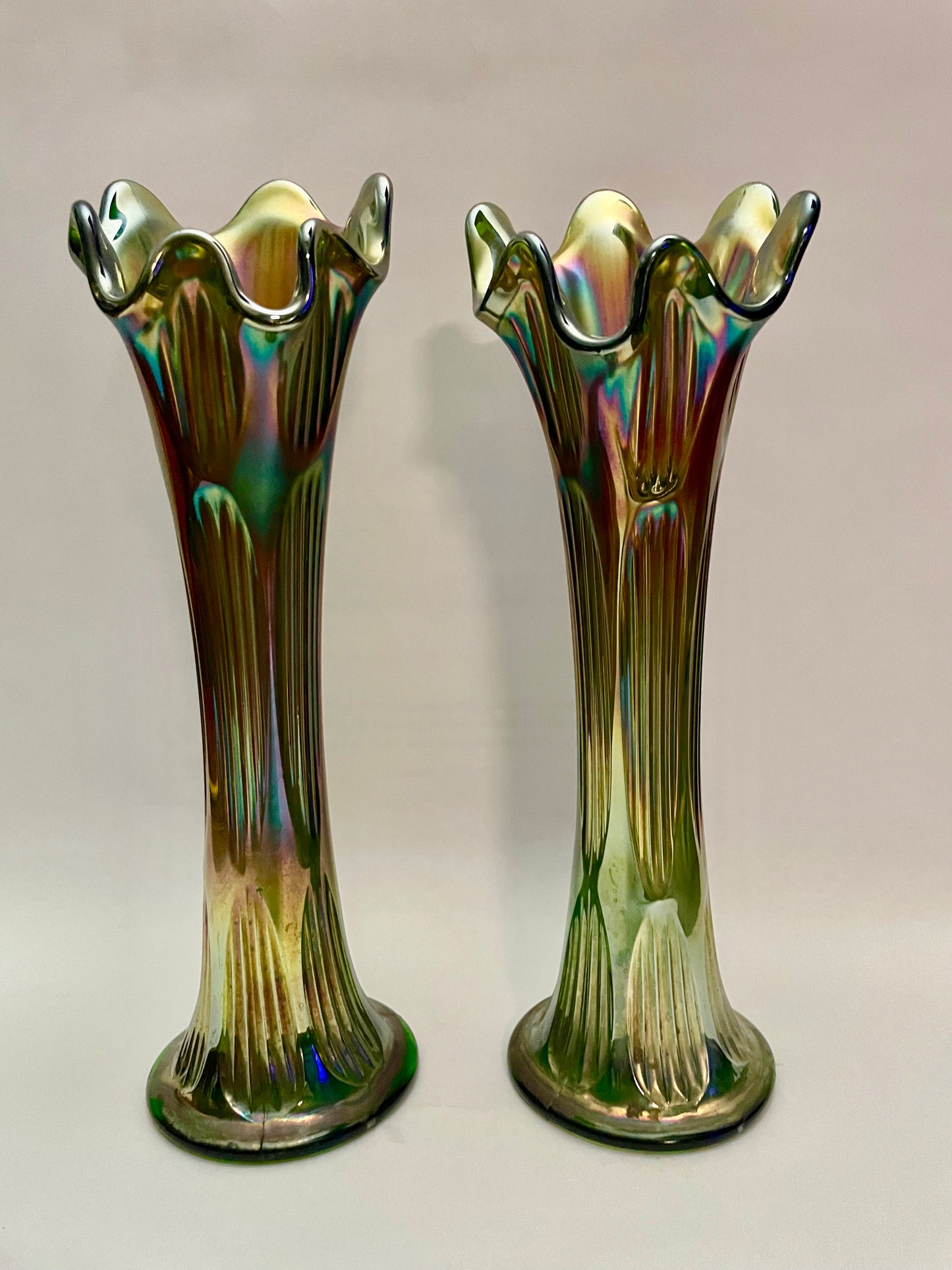Pair of Green Carnival Glass Vases