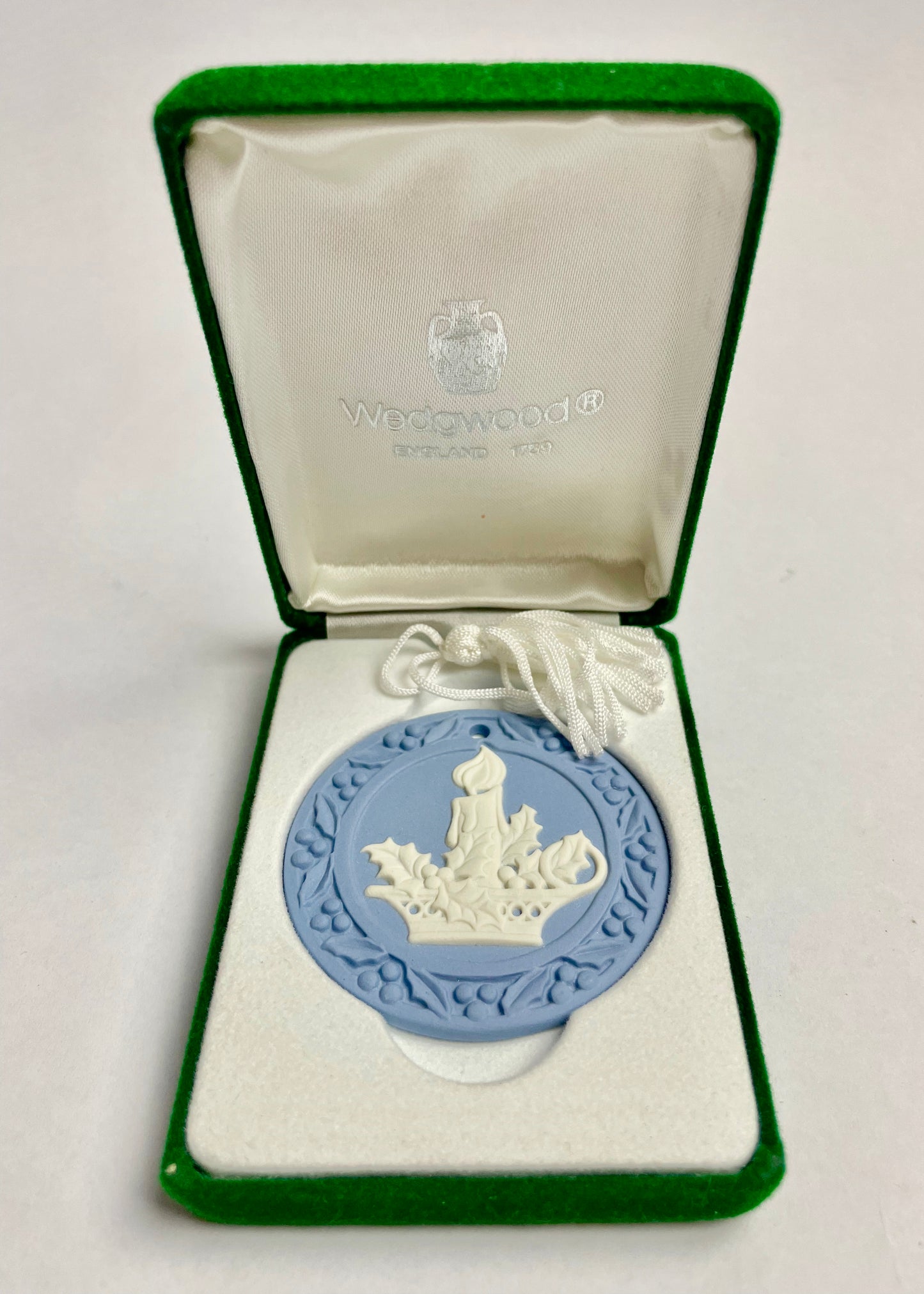 Vintage Wedgwood Blue JasperWare Christmas Candle Holly Boxed Christmas Ornament SIGNED