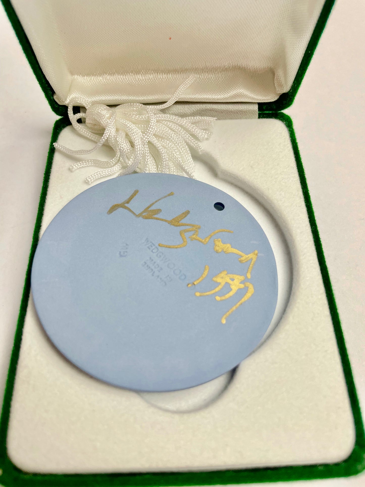Vintage Wedgwood Blue JasperWare Christmas Candle Holly Boxed Christmas Ornament SIGNED