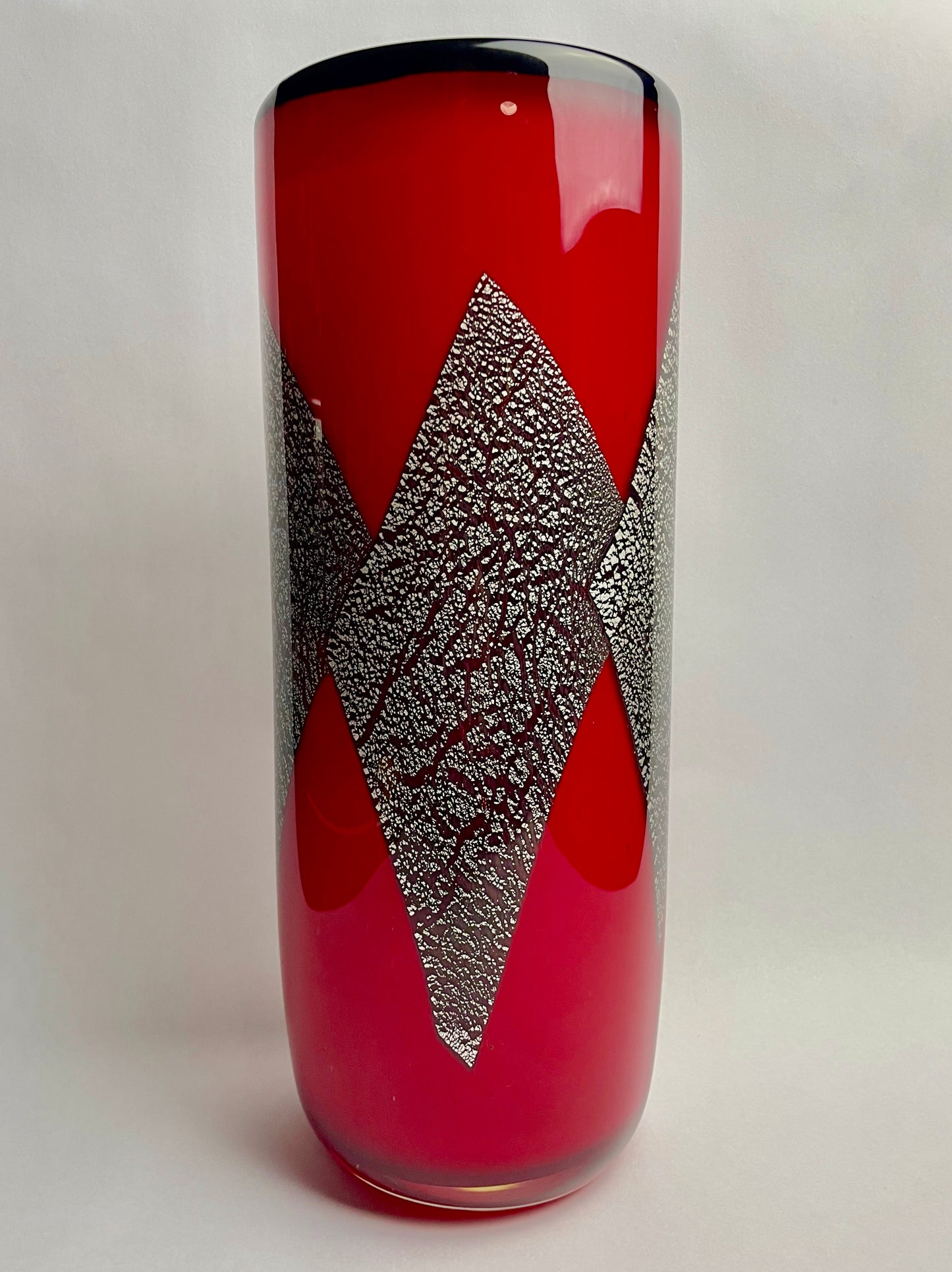 Heavy Red Silver Leaf Foil Inlay Art Glass Vase