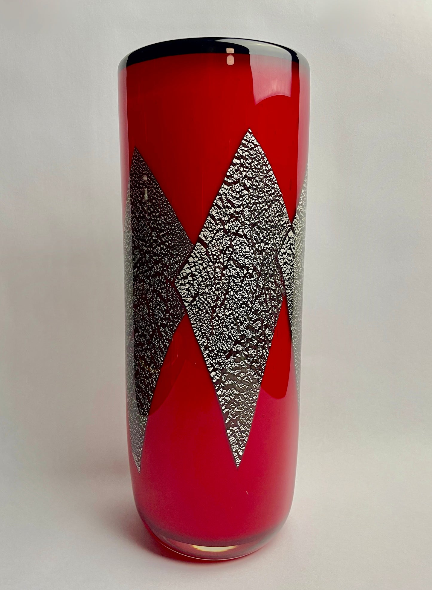 Heavy Red Silver Leaf Foil Inlay Art Glass Vase