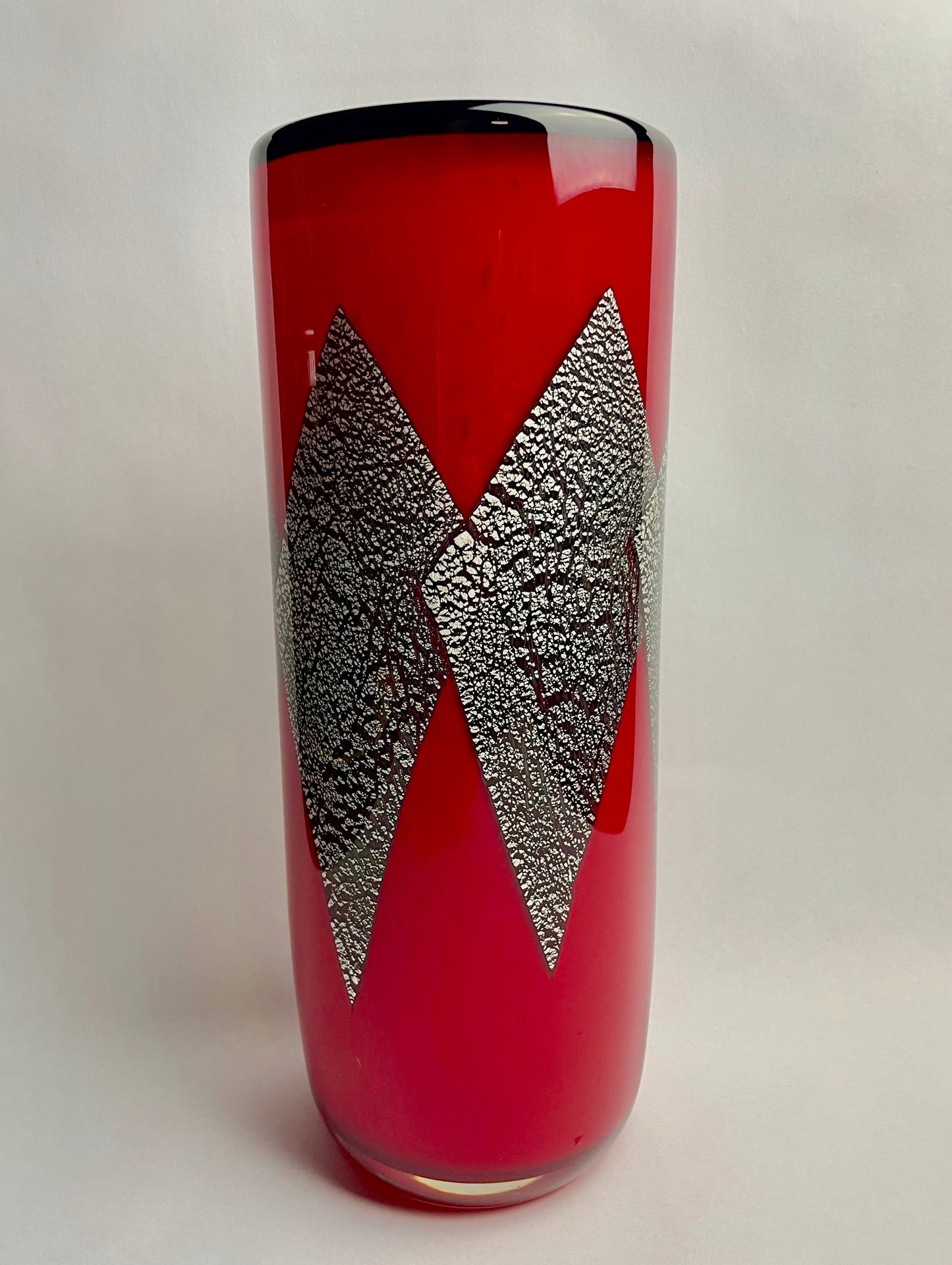 Heavy Red Silver Leaf Foil Inlay Art Glass Vase
