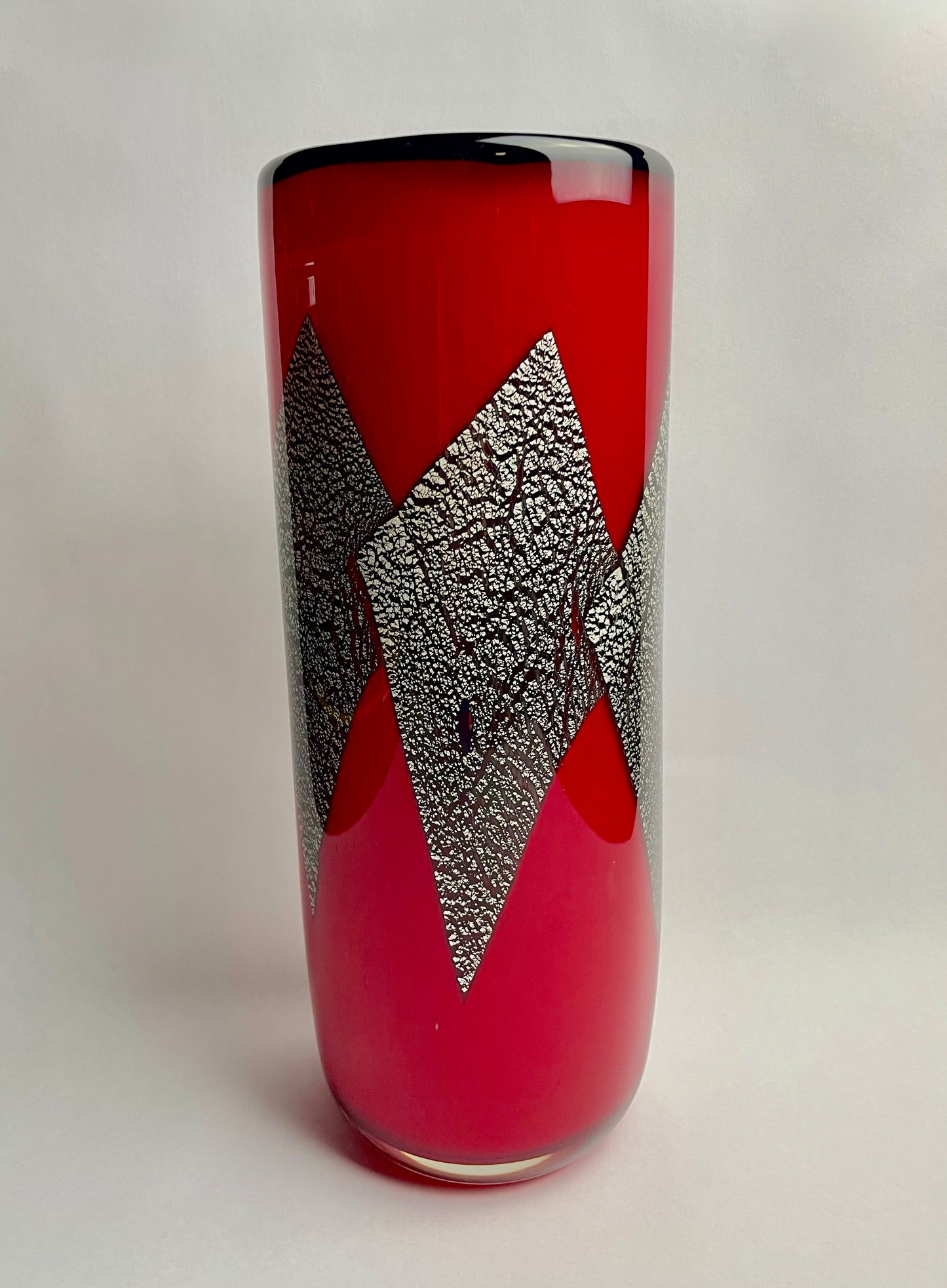 Heavy Red Silver Leaf Foil Inlay Art Glass Vase