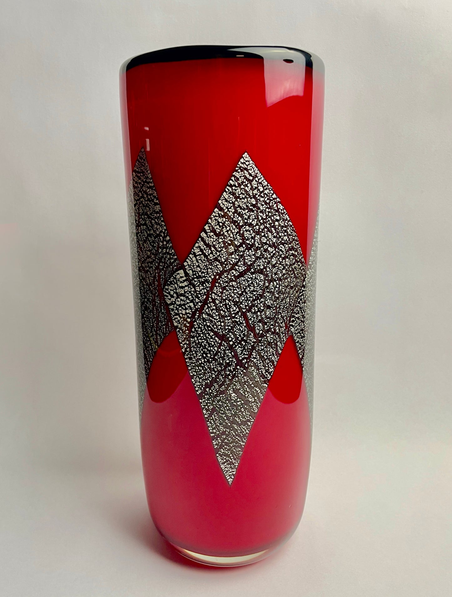 Heavy Red Silver Leaf Foil Inlay Art Glass Vase