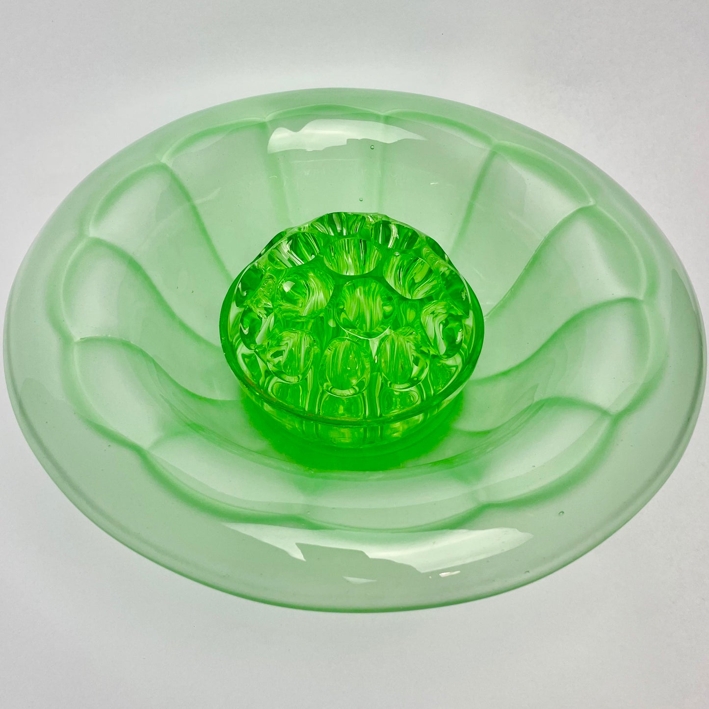 Green Glass Float Bowl with Flower Frog 23cm diameter