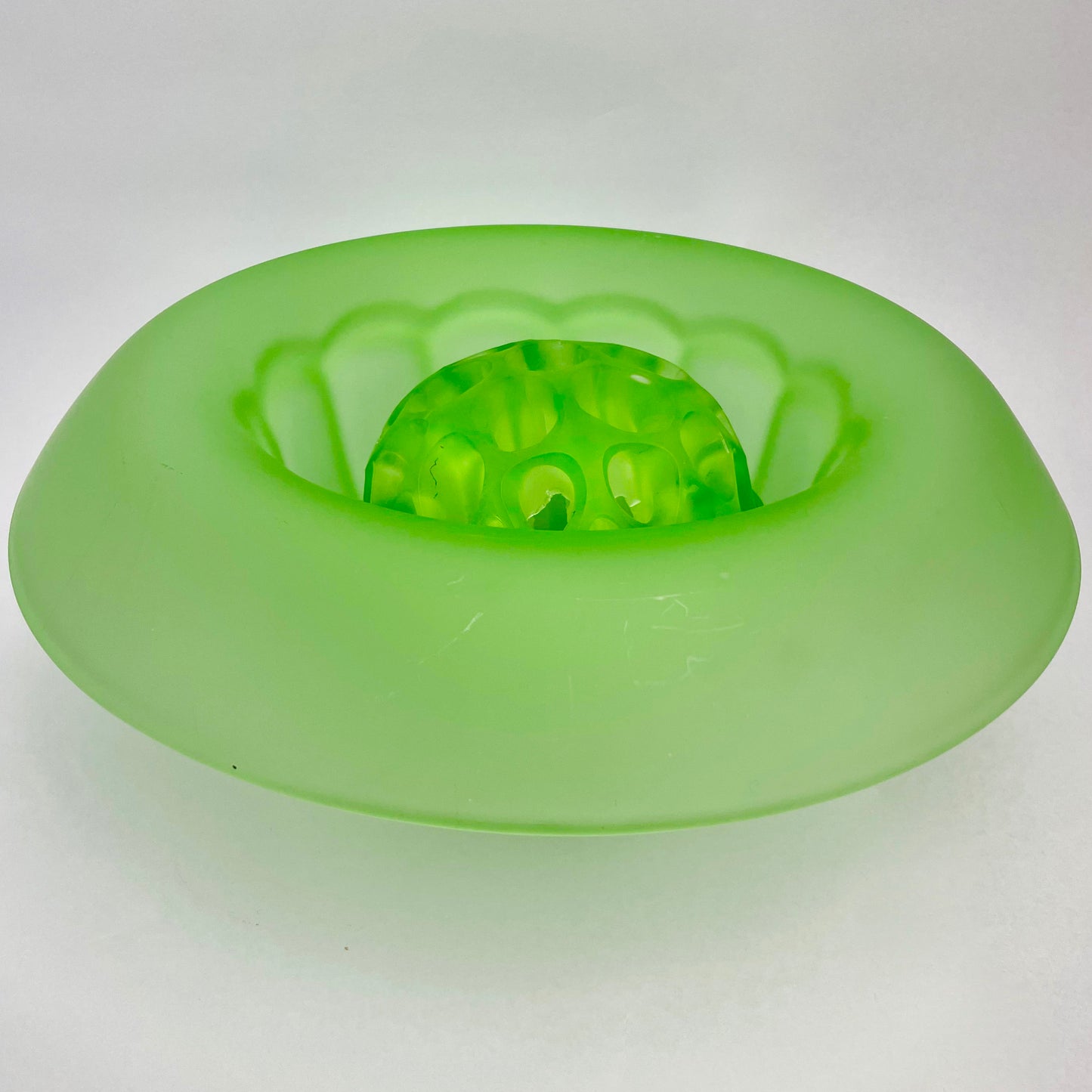 Large Art Deco Green Frosted Float Bowl & Flower Frog Centre-piece
